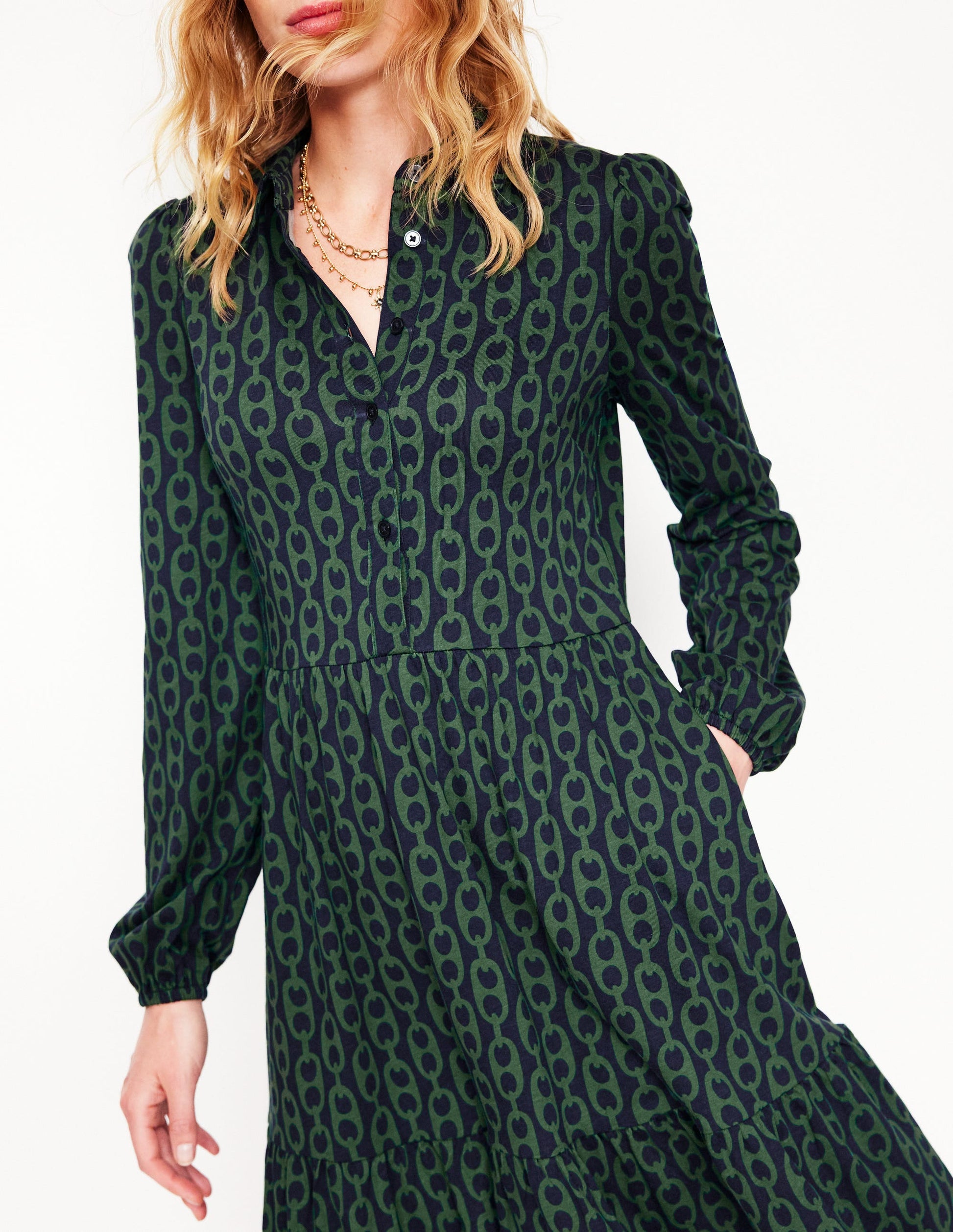 Jemima Tiered Jersey Dress-Pine, Geo Chain-2