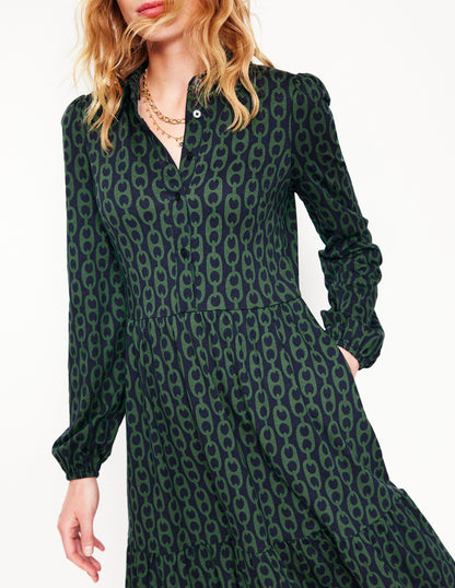 Jemima Tiered Jersey Dress-Pine, Geo Chain-2