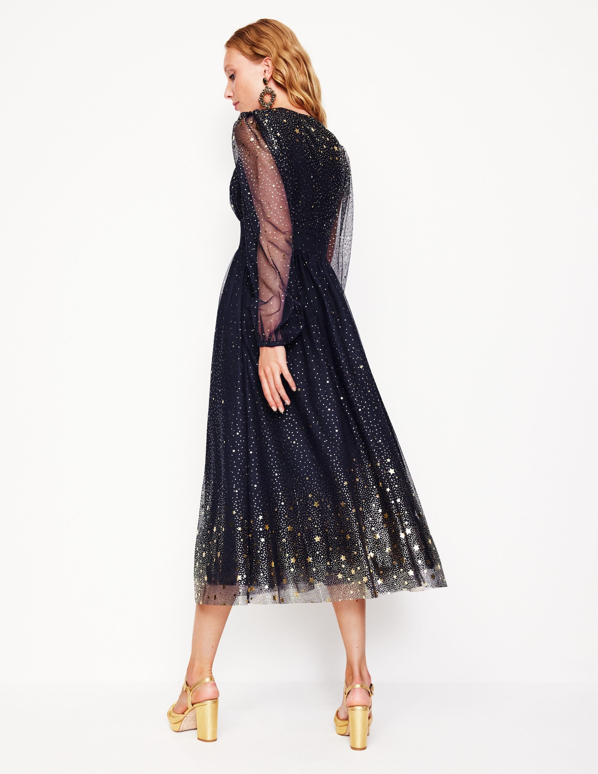 Christina Tulle Midi Dress-Navy, Foil Scattered Stars - Image 3