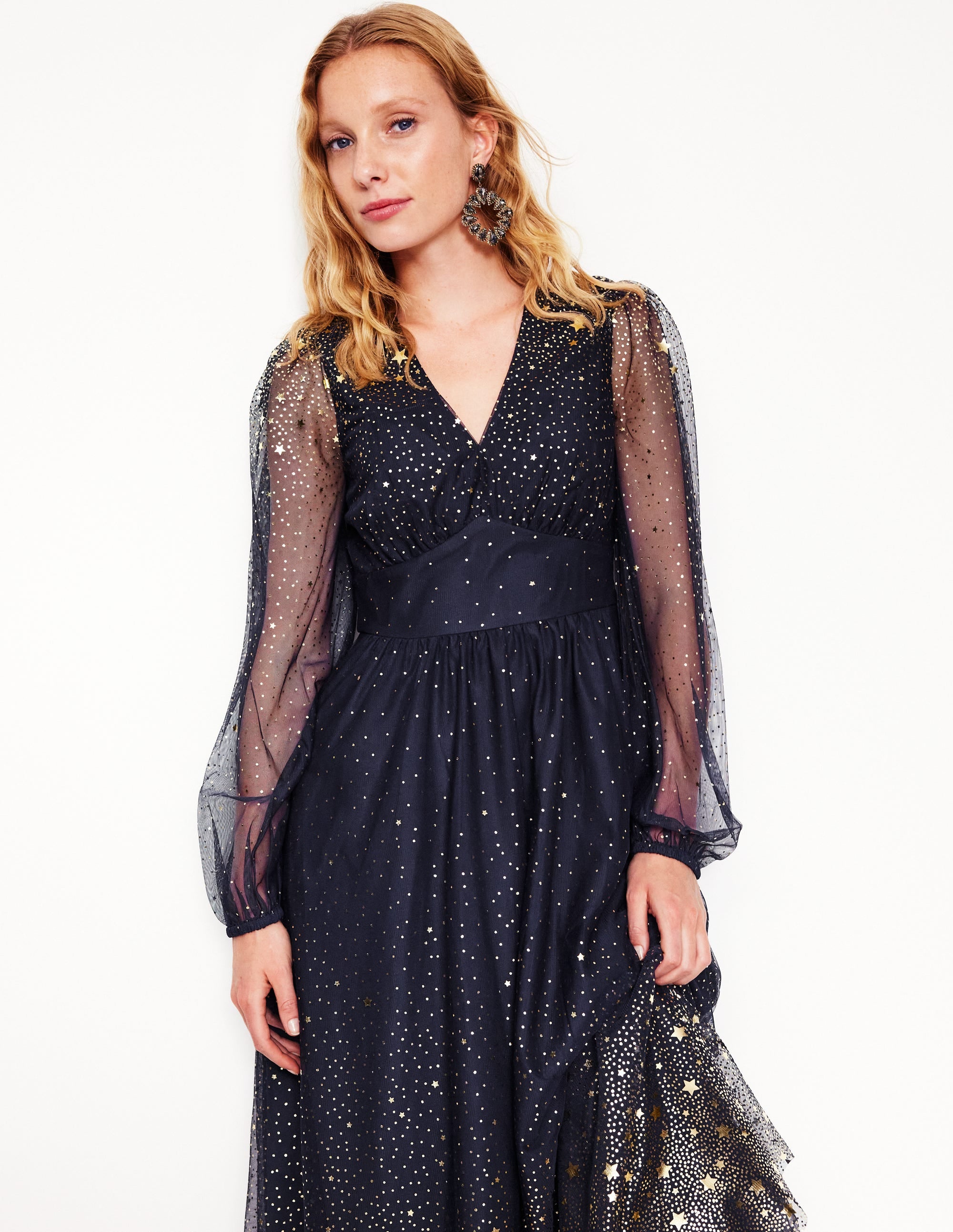 Christina Tulle Midi Dress-Navy, Foil Scattered Stars - Image 4
