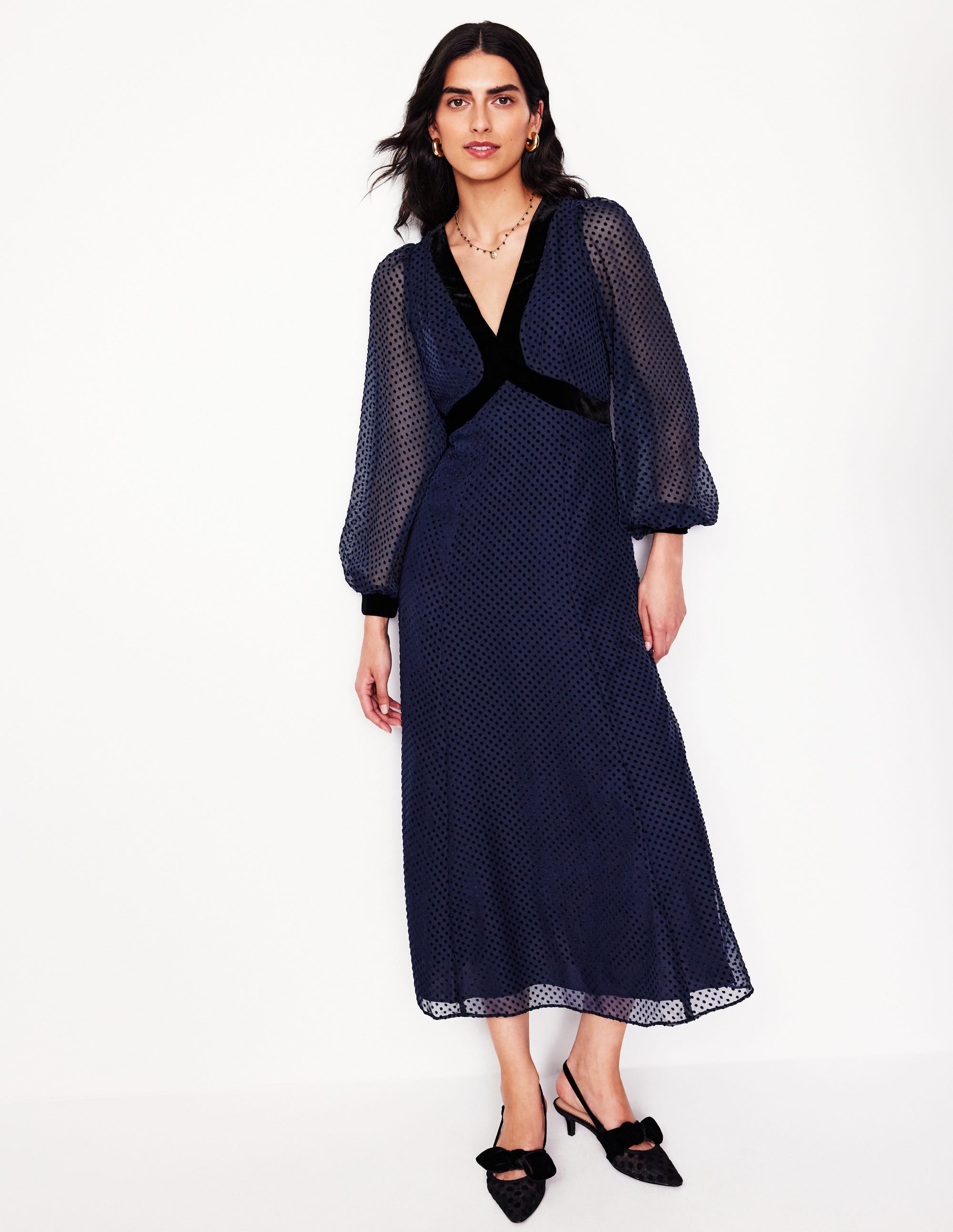 Devore Maxi Tea Dress-Navy, Devore Spot - Image 1