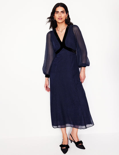 Devore Maxi Tea Dress-Navy, Devore Spot-1