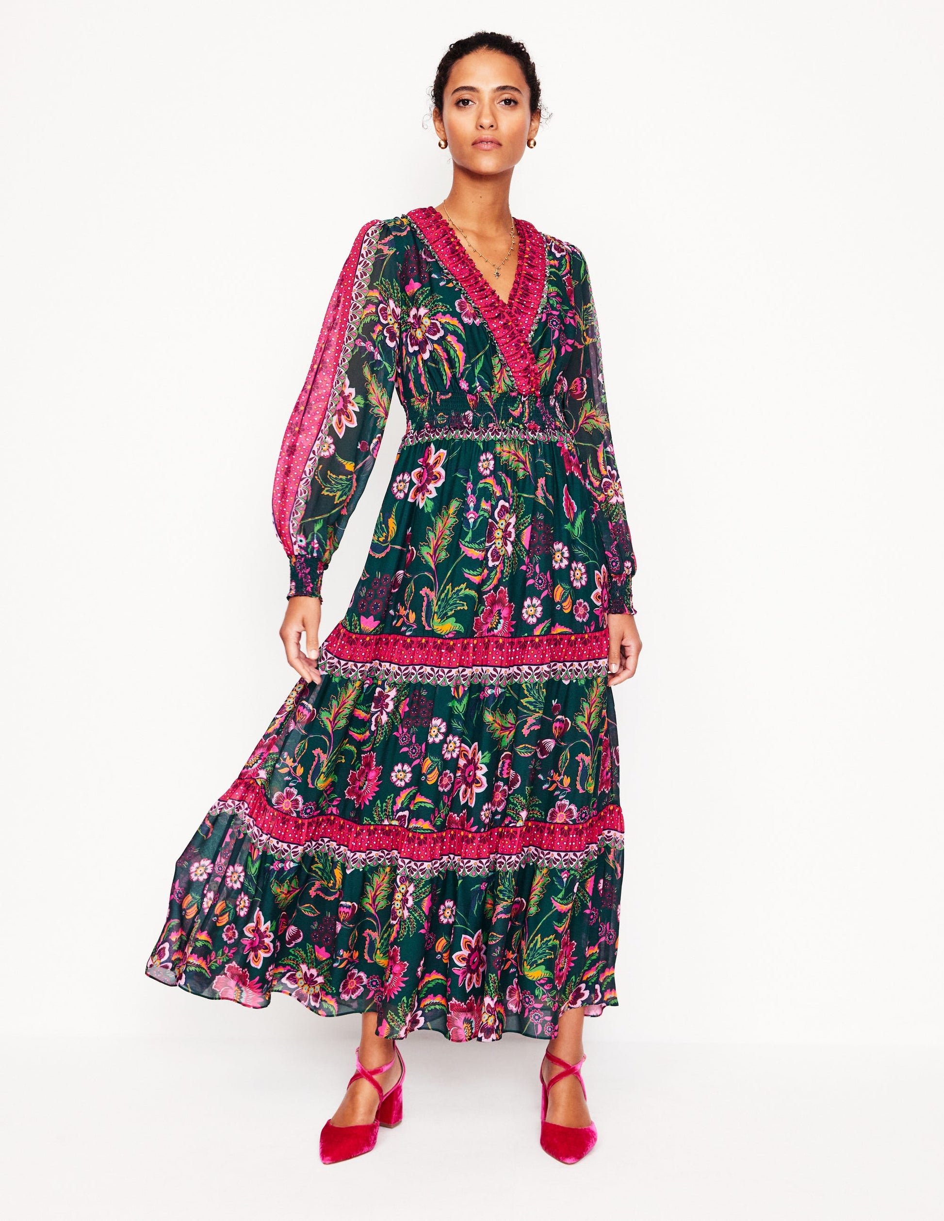 V-Neck Ruffle Maxi Dress-Multi, Blossom Flourish-1