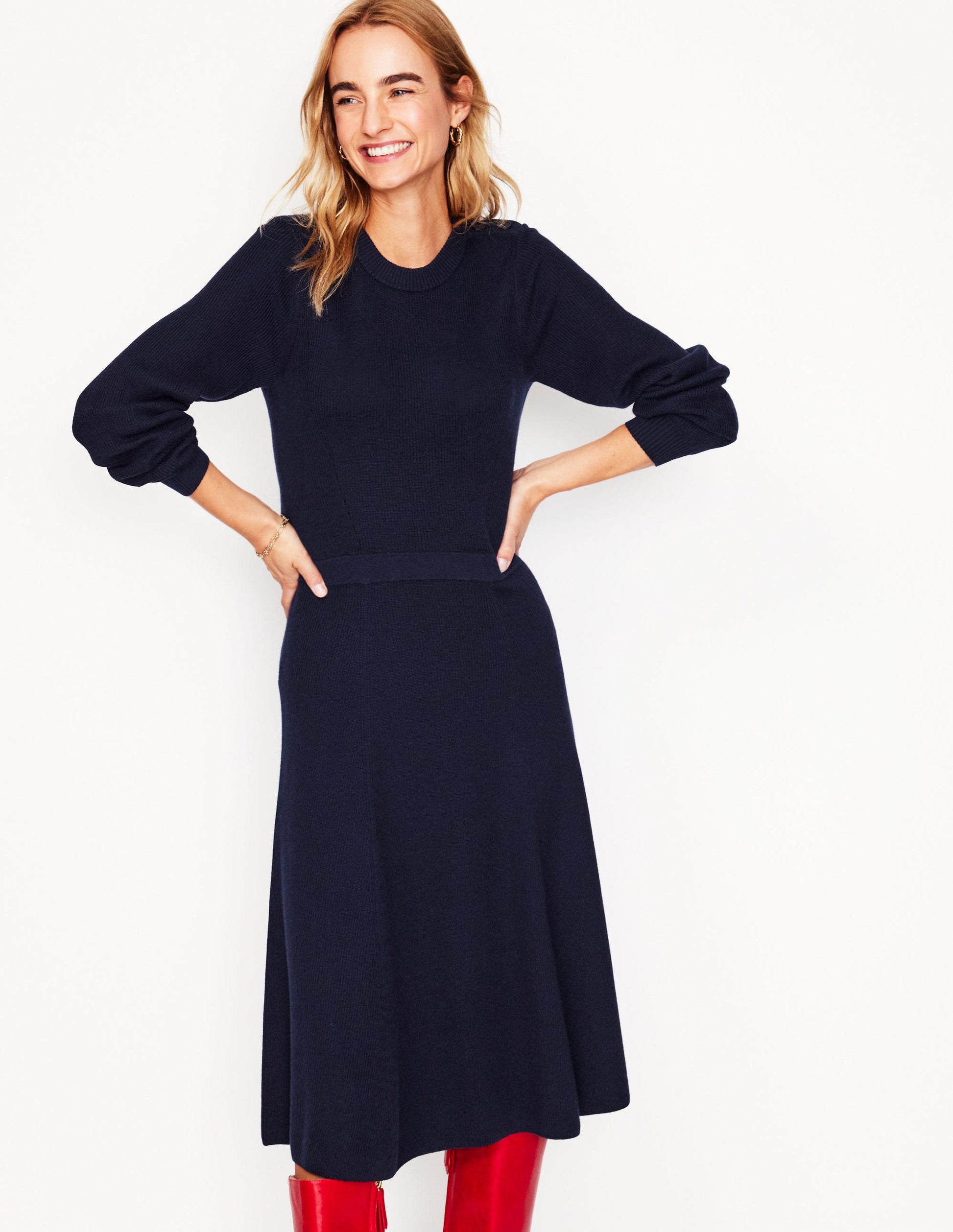 Button Shoulder Knitted Dress-Navy-1