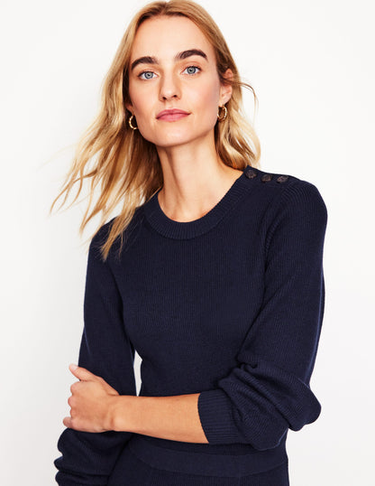 Button Shoulder Knitted Dress-Navy-2