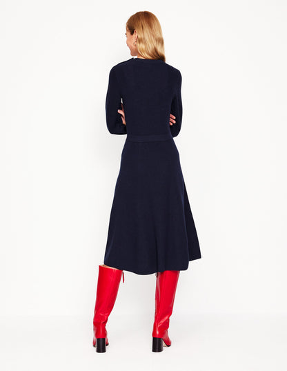 Button Shoulder Knitted Dress-Navy-3