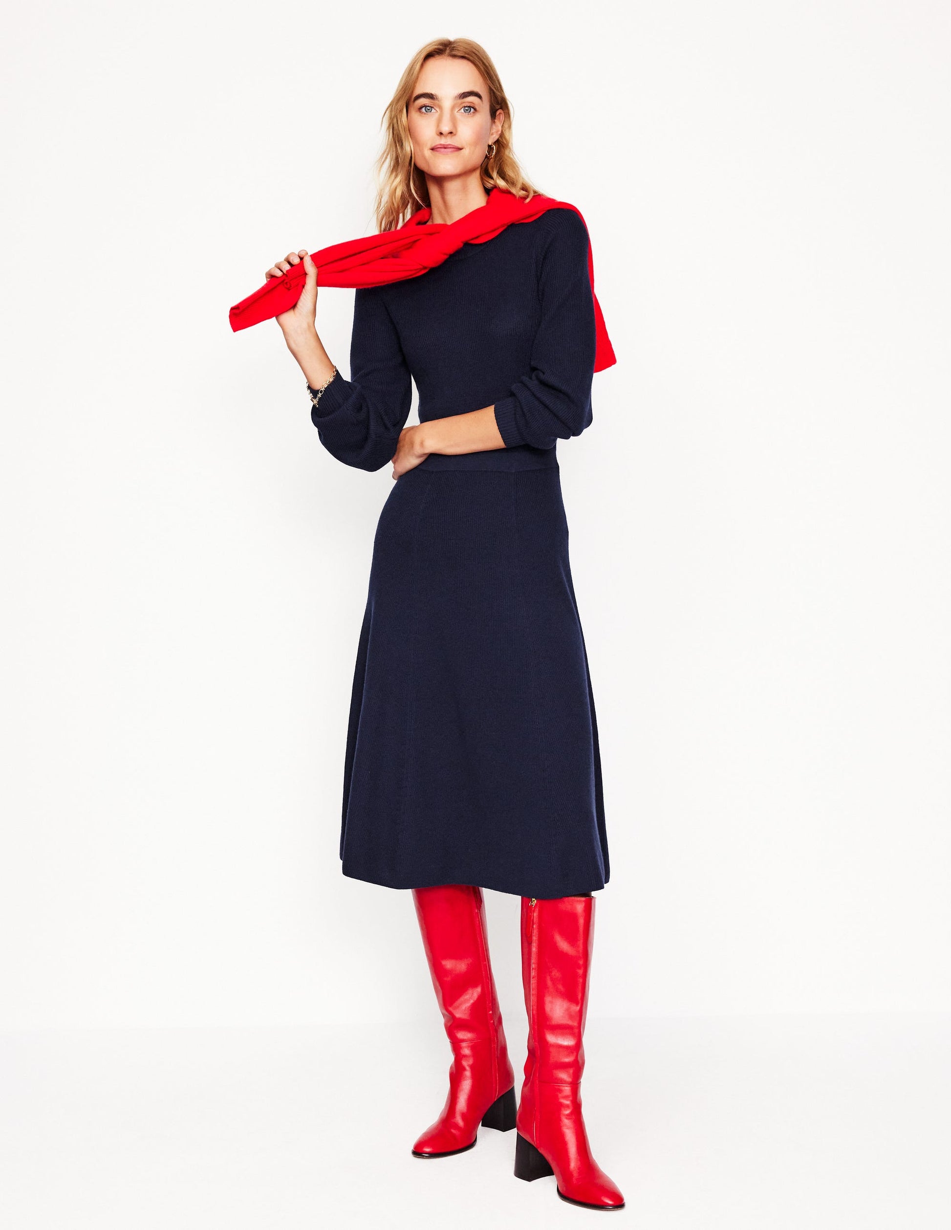 Button Shoulder Knitted Dress-Navy-4