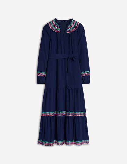 Embroidered Yoke Midi Dress-Navy-6