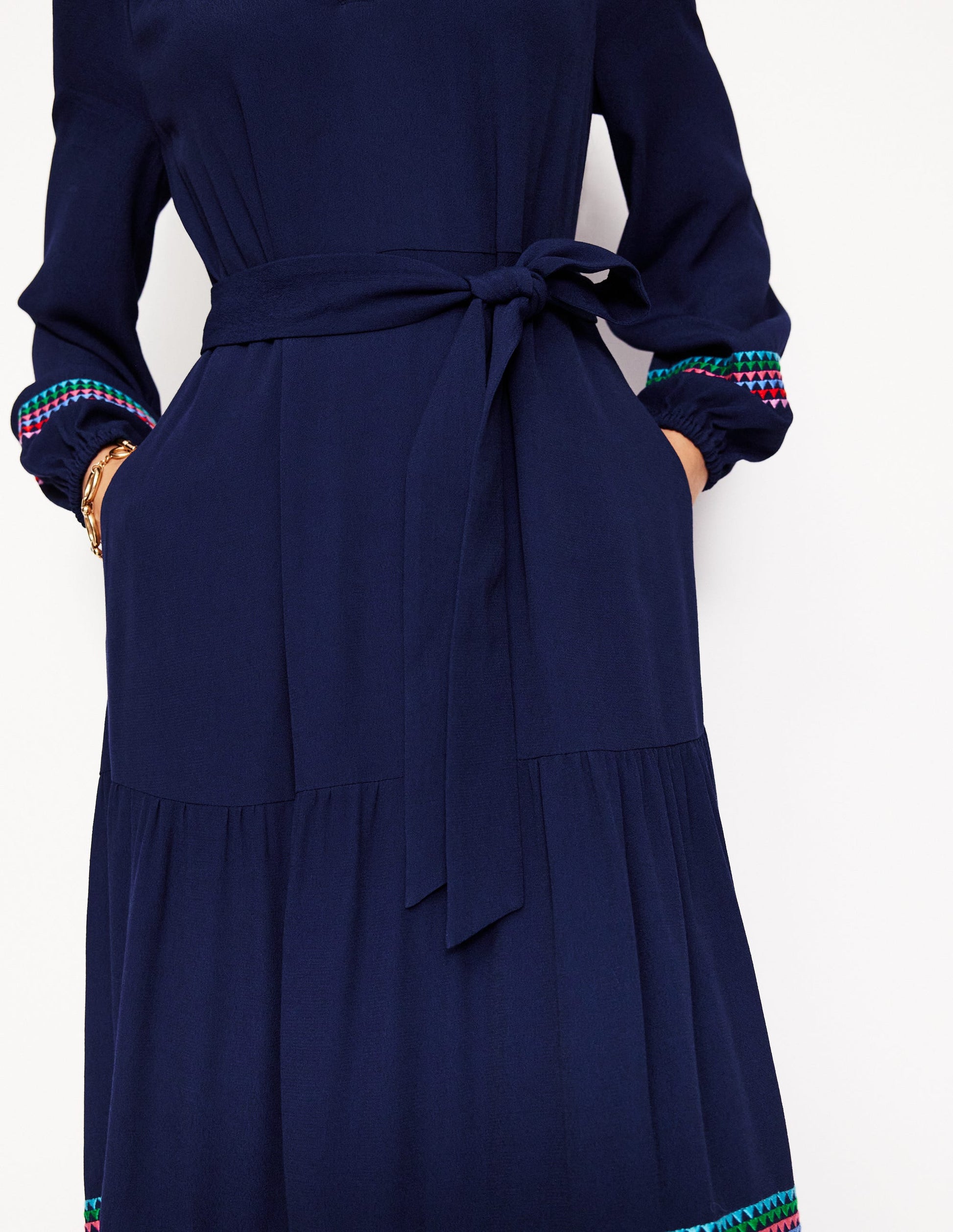 Embroidered Yoke Midi Dress-Navy-2