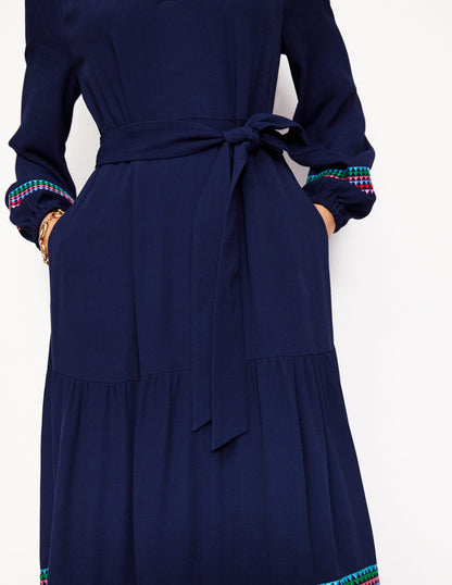 Embroidered Yoke Midi Dress-Navy-2