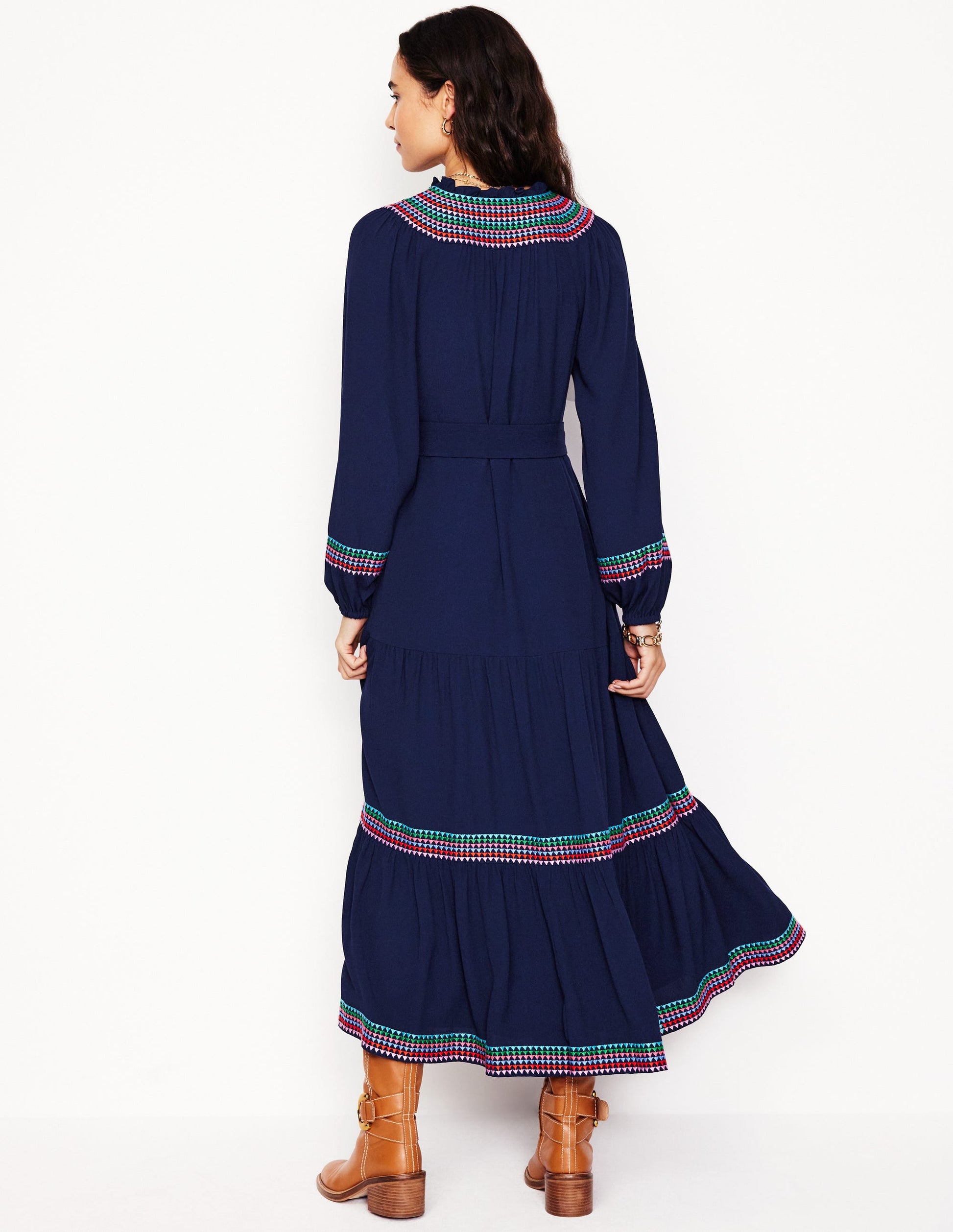 Embroidered Yoke Midi Dress-Navy-3