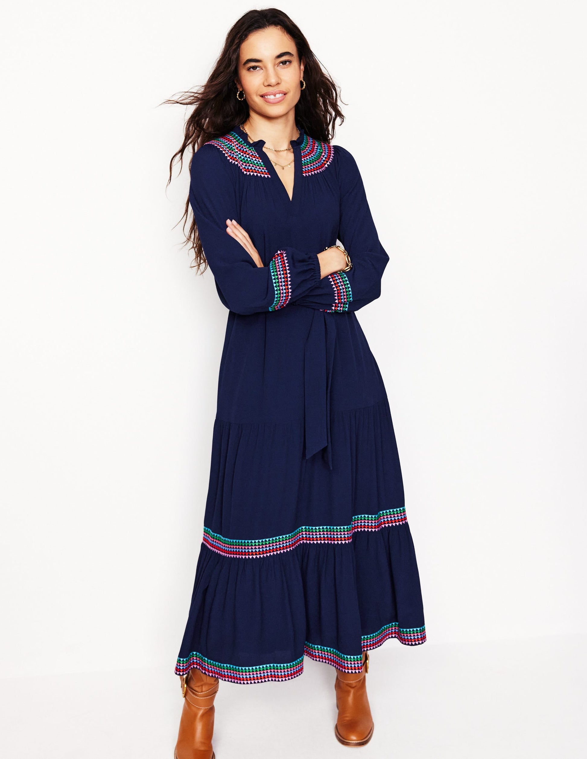 Embroidered Yoke Midi Dress-Navy-4