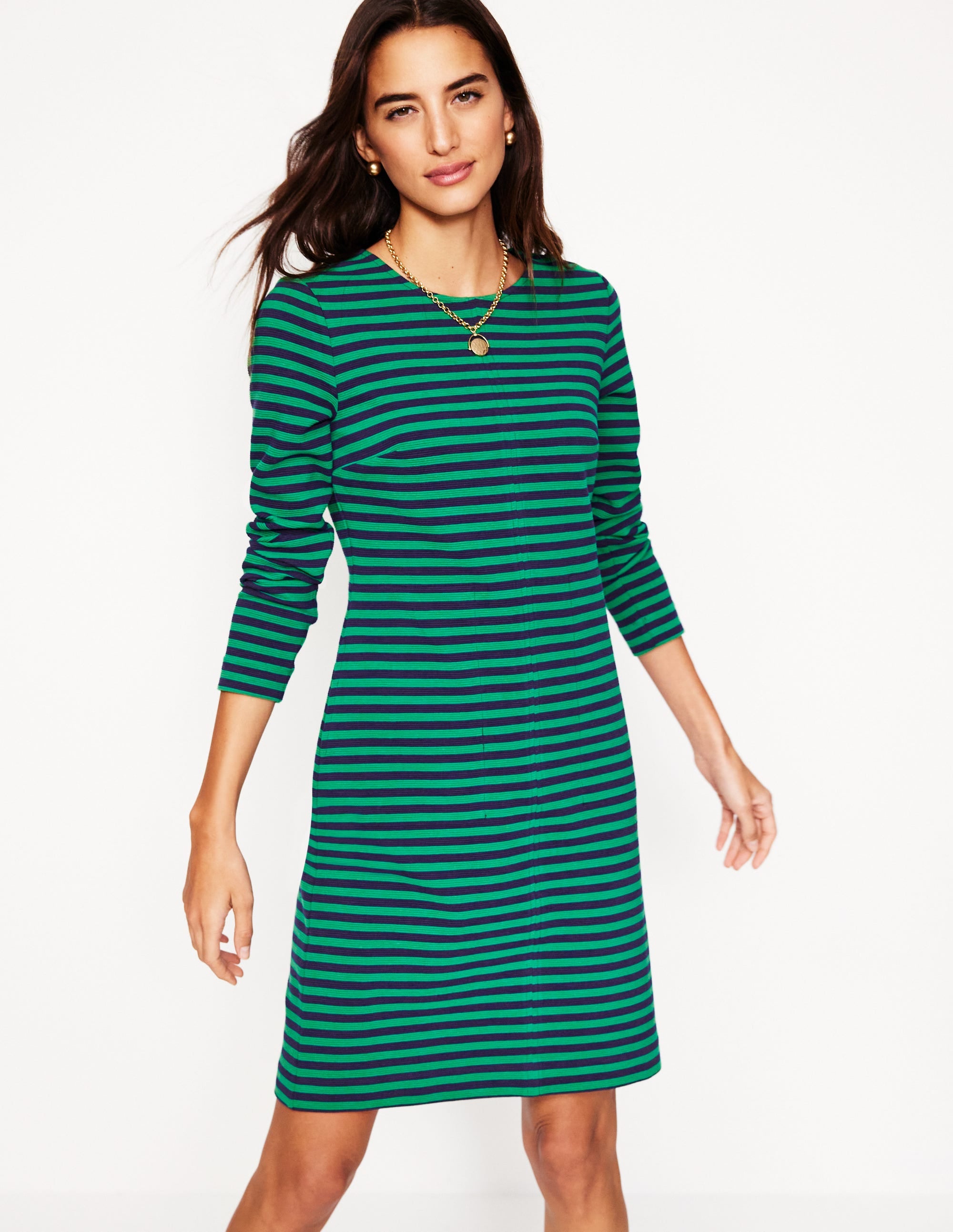 Cornelia Ottoman Dress-Rich Emerald, Navy Stripe - Image 1