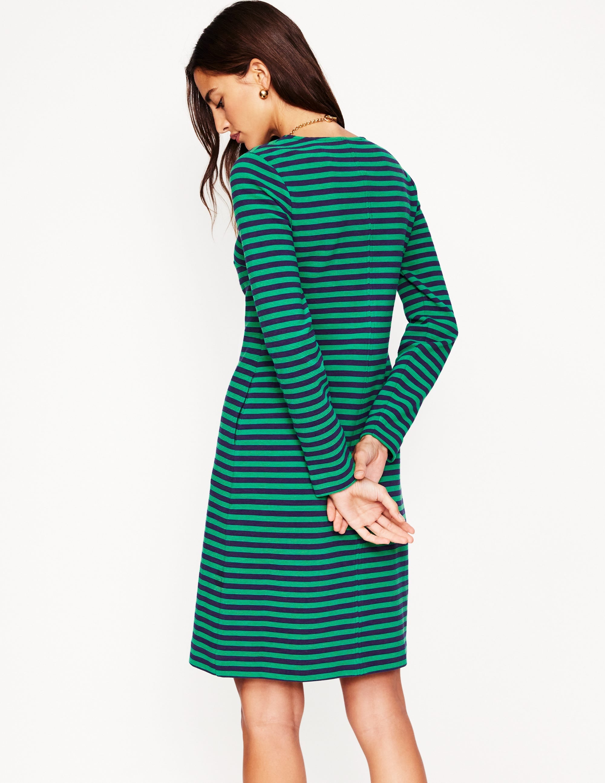 Cornelia Ottoman Dress-Rich Emerald, Navy Stripe - Image 3