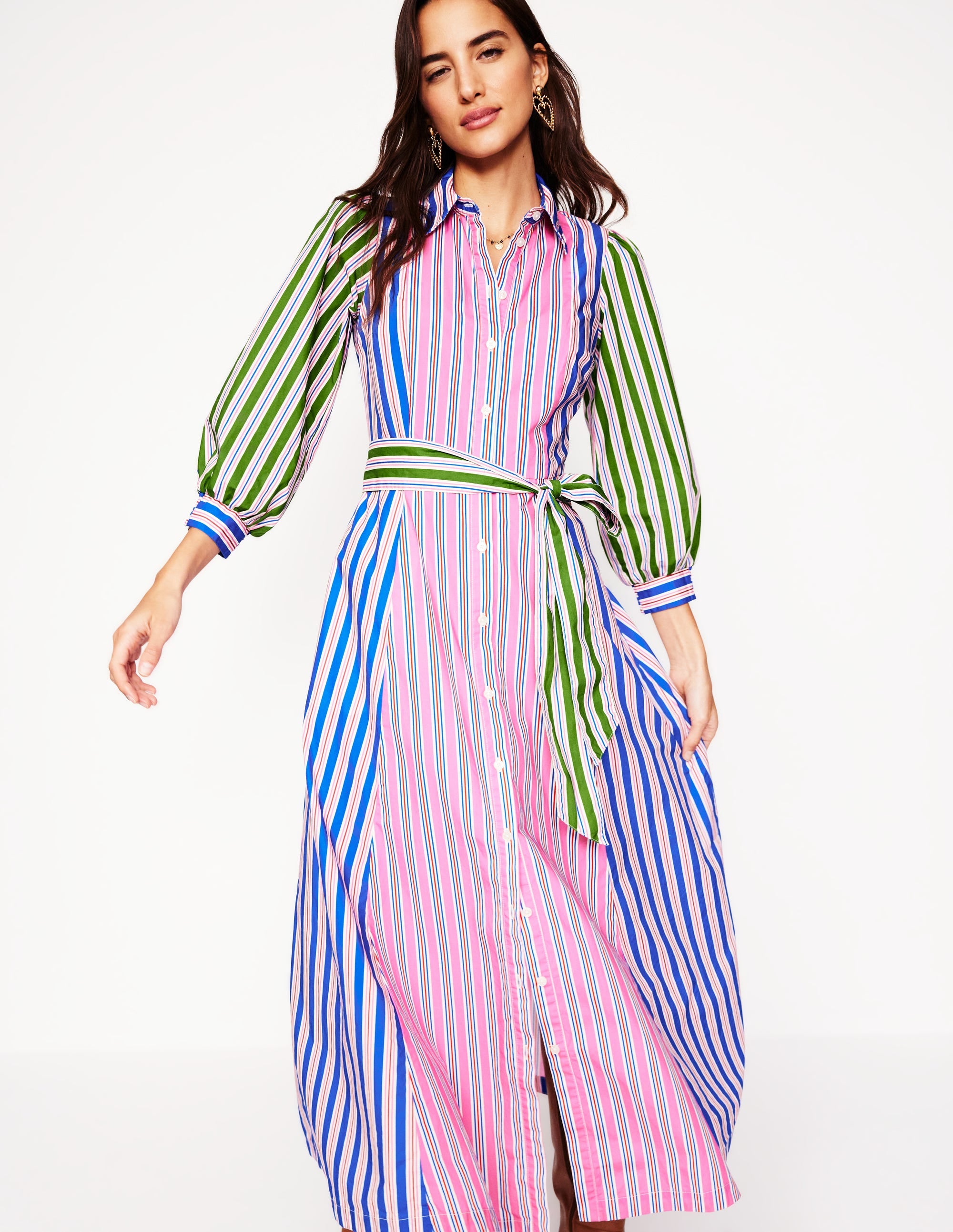 Clara Cotton Shirt Dress-Pink Rose, Red Stripe - Image 6
