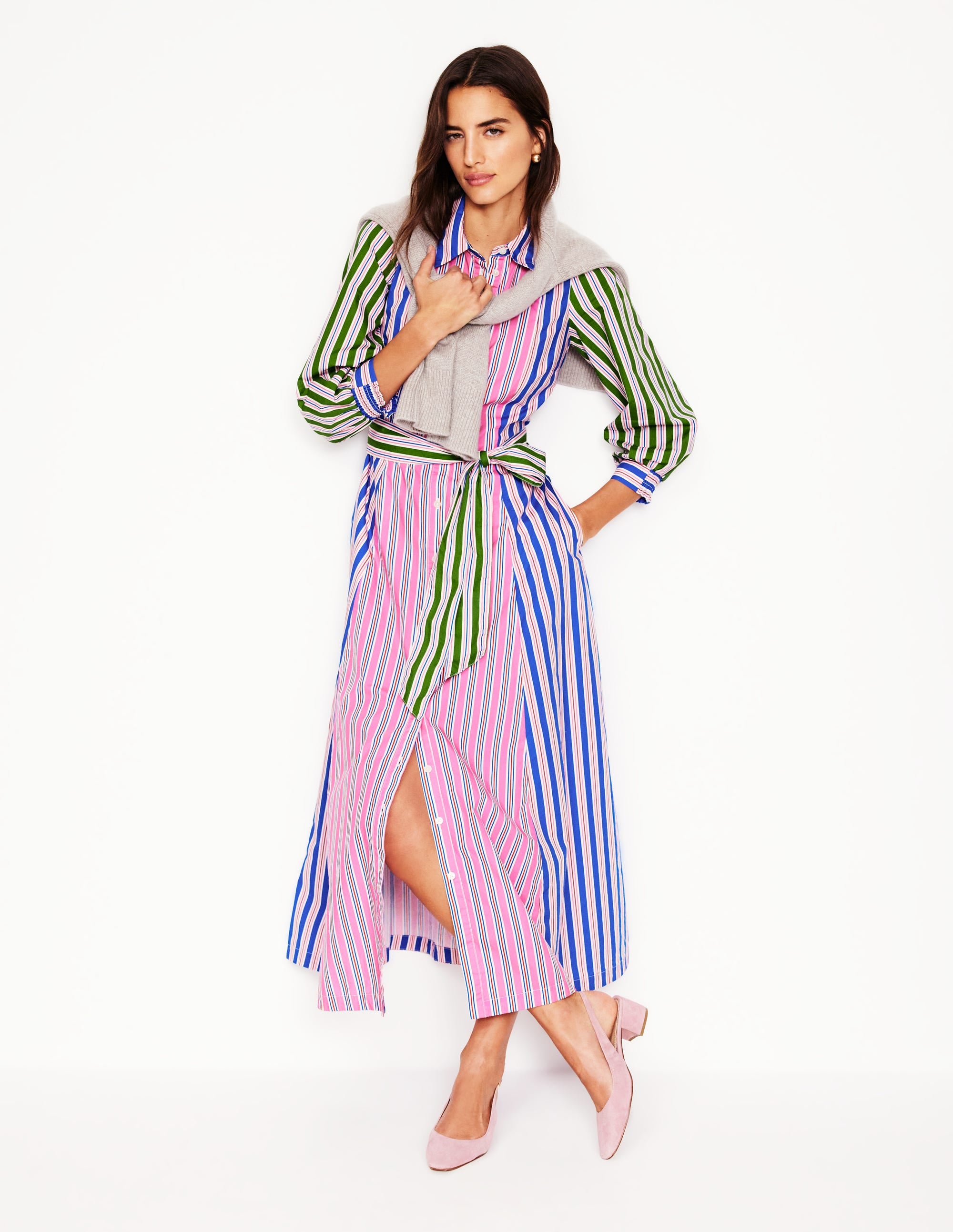 Clara Cotton Shirt Dress-Pink Rose, Red Stripe - Image 7
