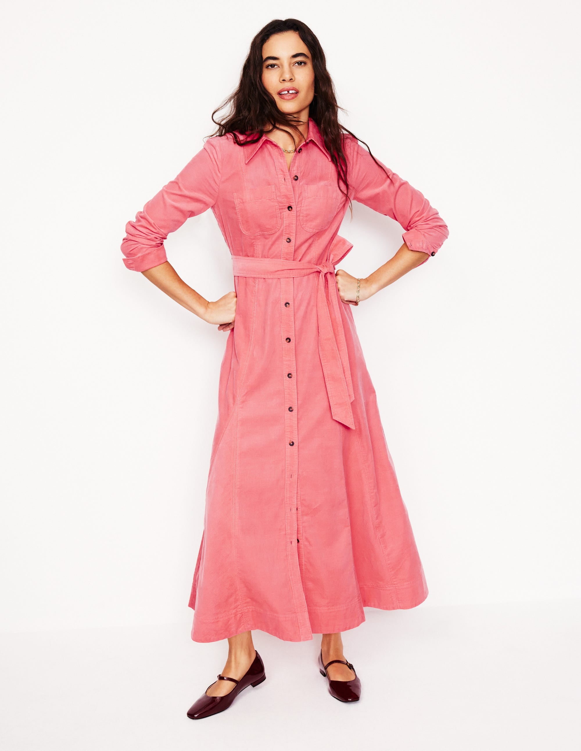 Tess Cord Midi Shirt Dress-Azalea Pink - Image 1