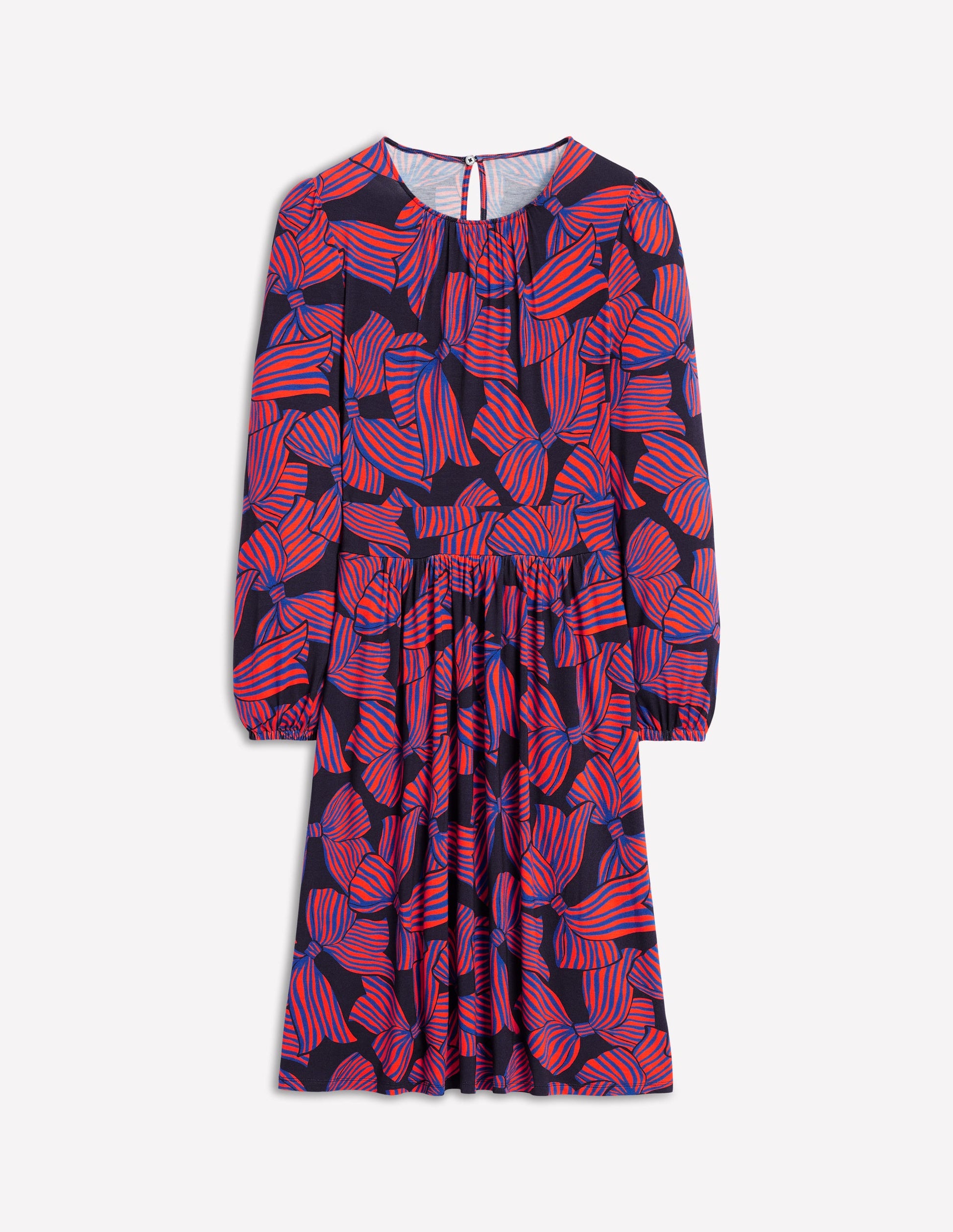 Alexandra Blouson Jersey Dress-French Navy, Bow Scatter-5