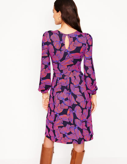 Alexandra Blouson Jersey Dress-French Navy, Bow Scatter-3