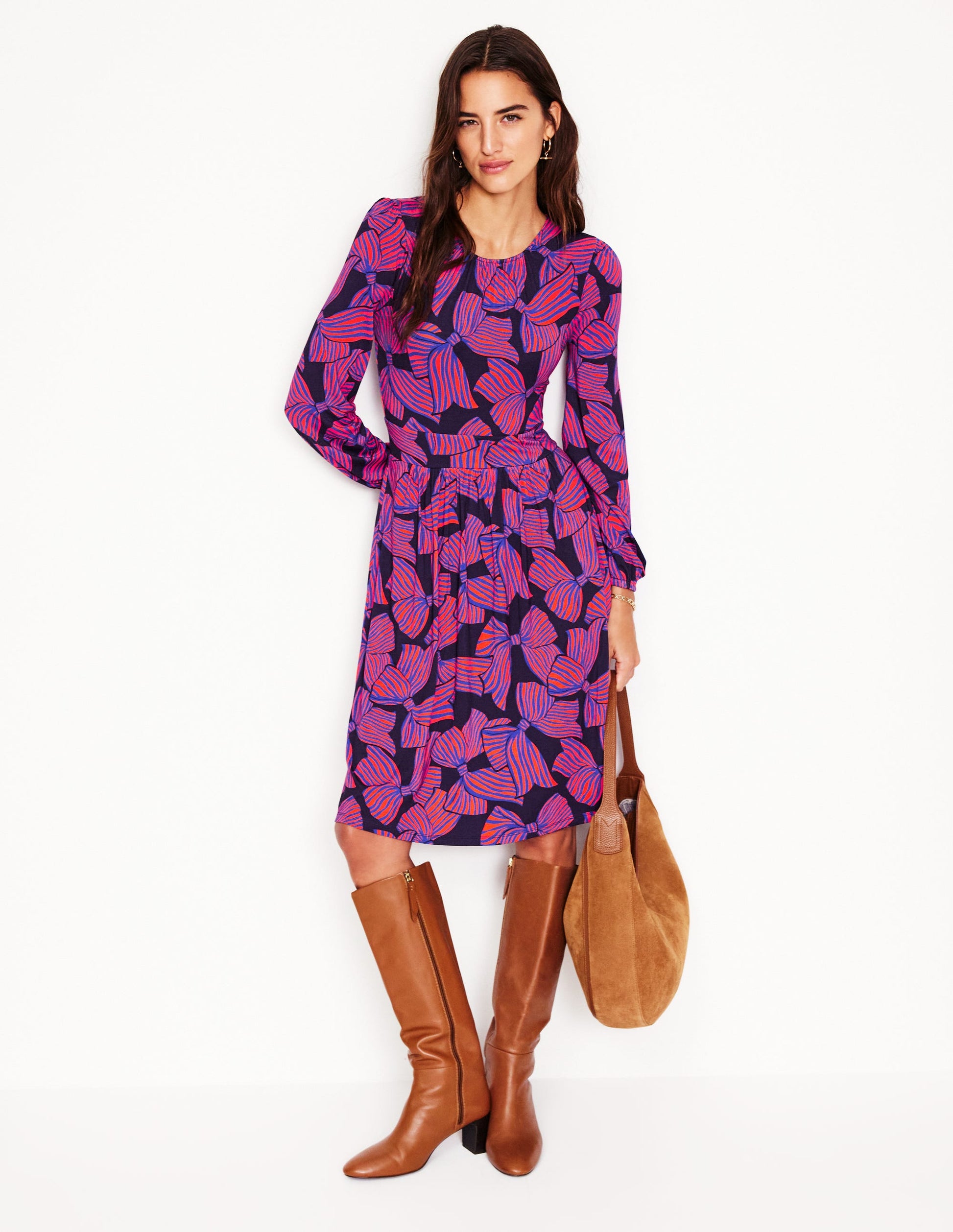 Alexandra Blouson Jersey Dress-French Navy, Bow Scatter-4