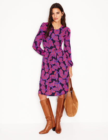 Alexandra Blouson Jersey Dress-French Navy, Bow Scatter-4