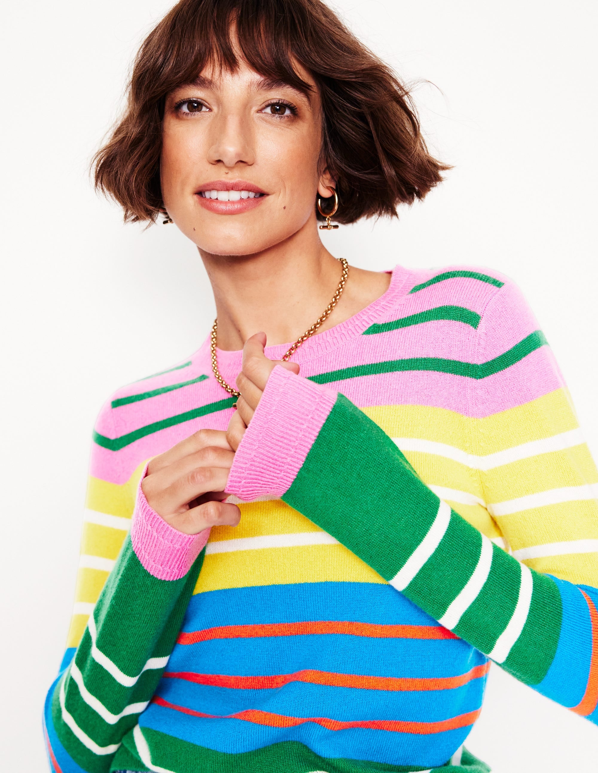 Eva Cashmere Crew Neck Jumper-Green, Pink, Bright Blue Multi - Image 2