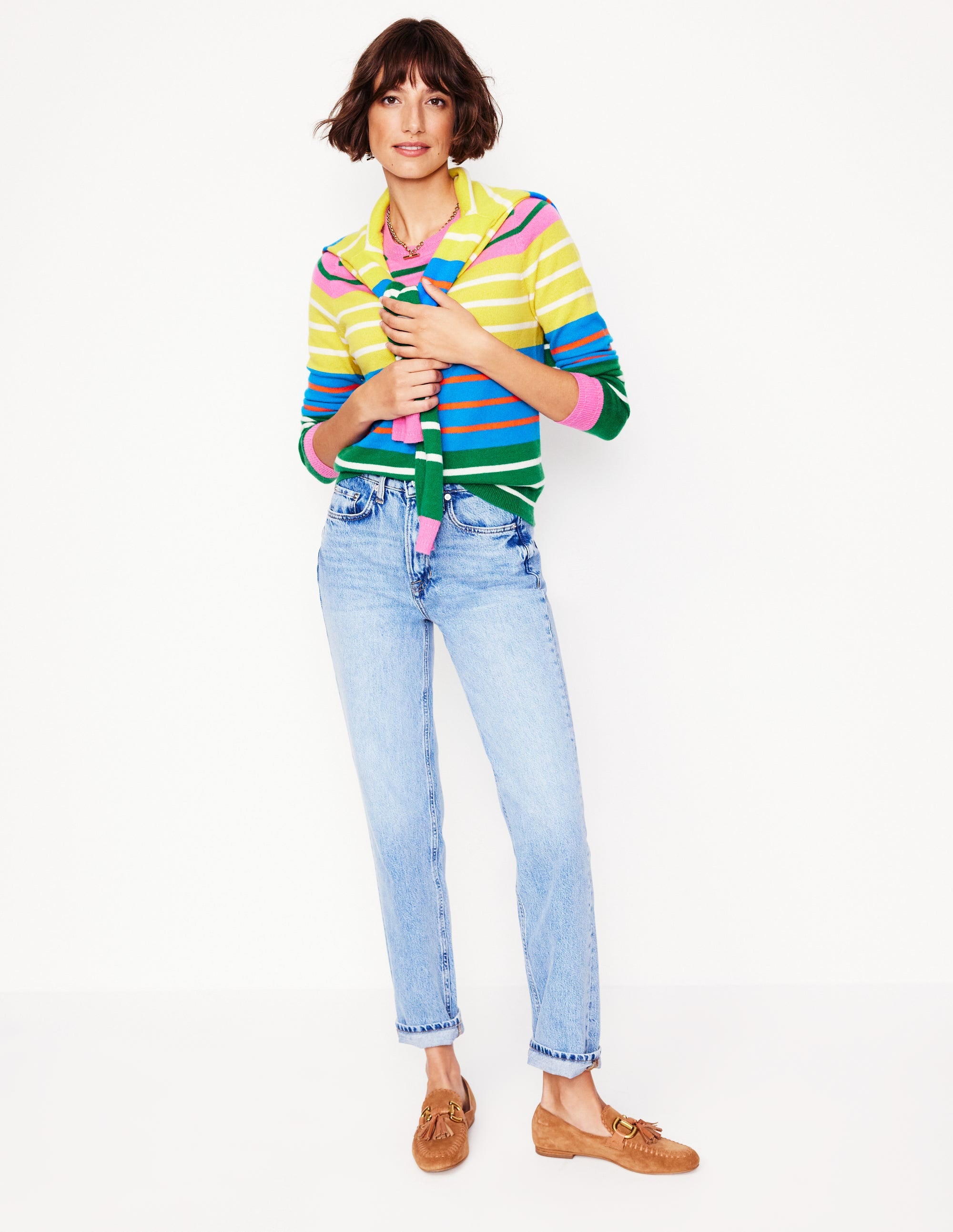Eva Cashmere Crew Neck Jumper-Green, Pink, Bright Blue Multi - Image 4