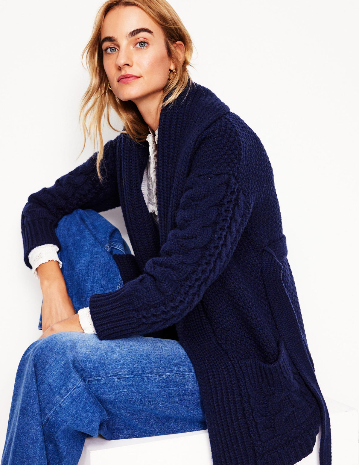 Cable Belted Cardigan-Navy - Image 1