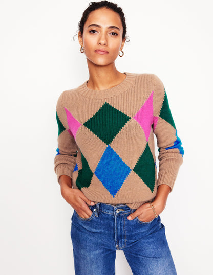 Argyle Crew Neck Jumper-Camel Melange, Multi-1