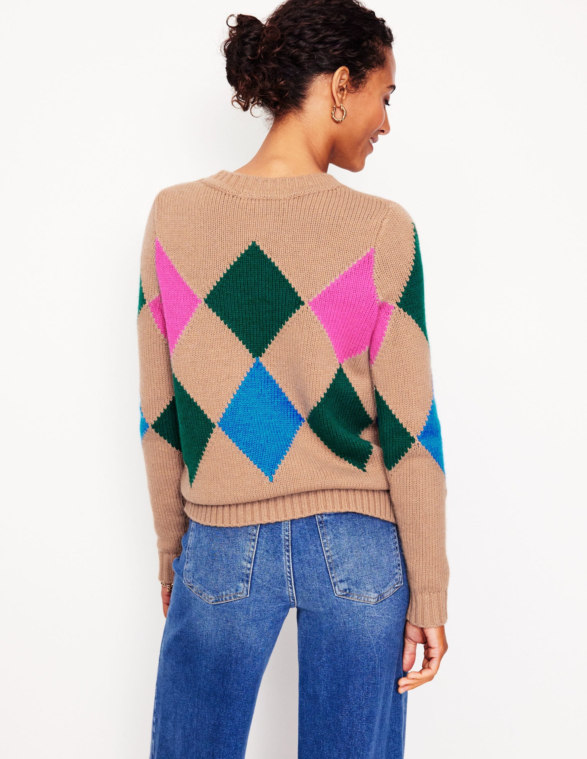 Argyle Crew Neck Jumper-Camel Melange, Multi-2