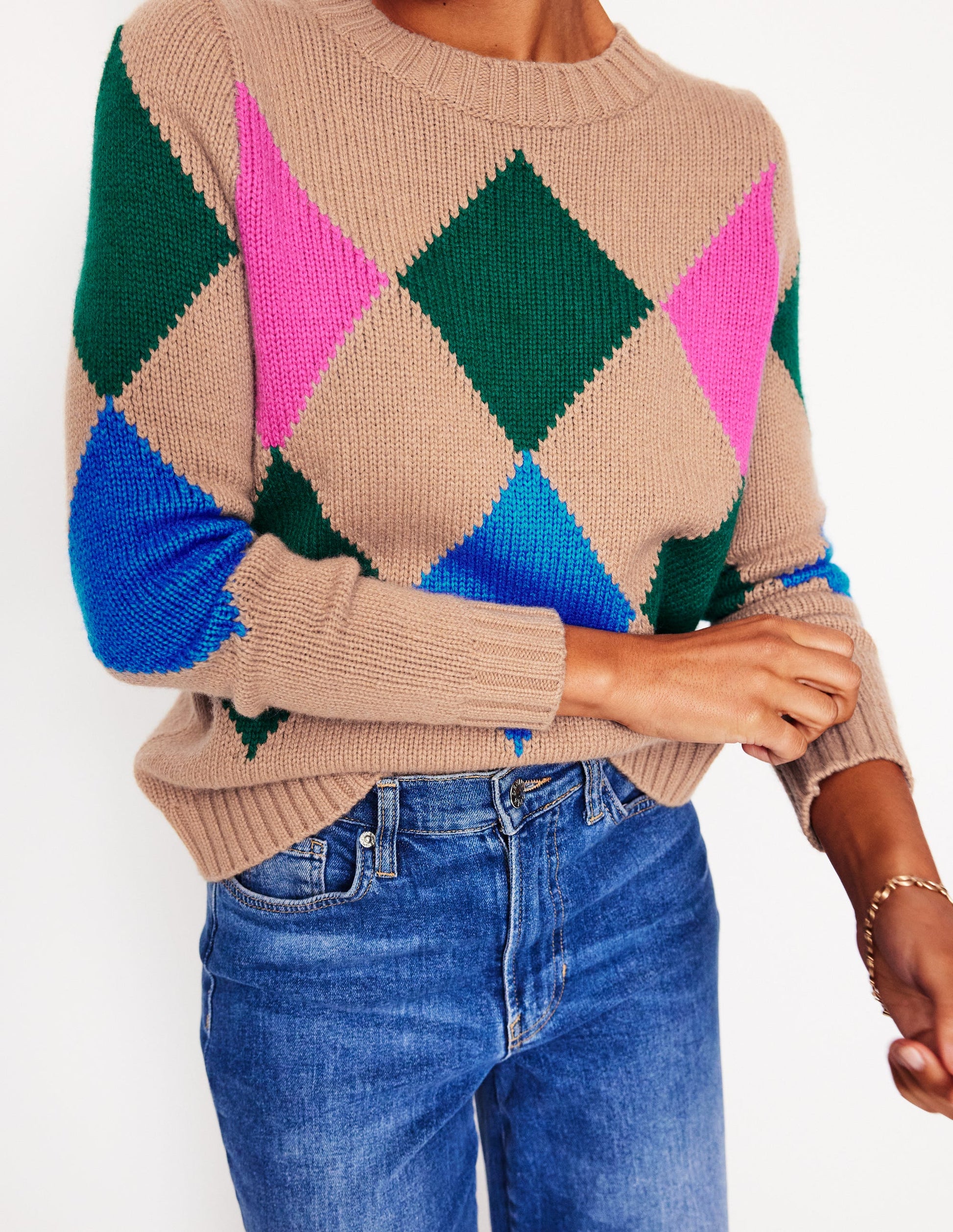 Argyle Crew Neck Jumper-Camel Melange, Multi-3