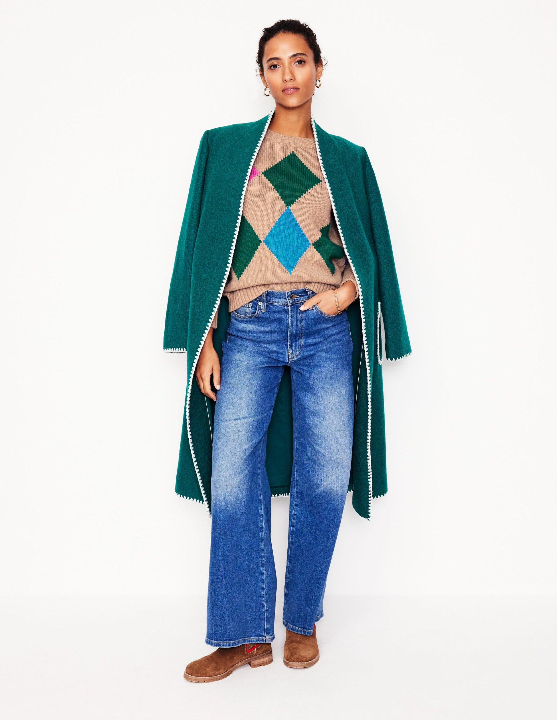 Argyle Crew Neck Jumper-Camel Melange, Multi-4