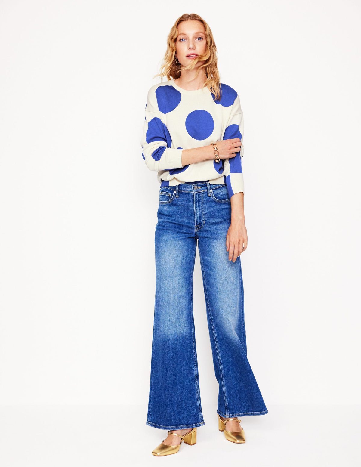 Lara Relaxed Cotton Jumper-Ivory/ Bright Blue Spot - Image 4
