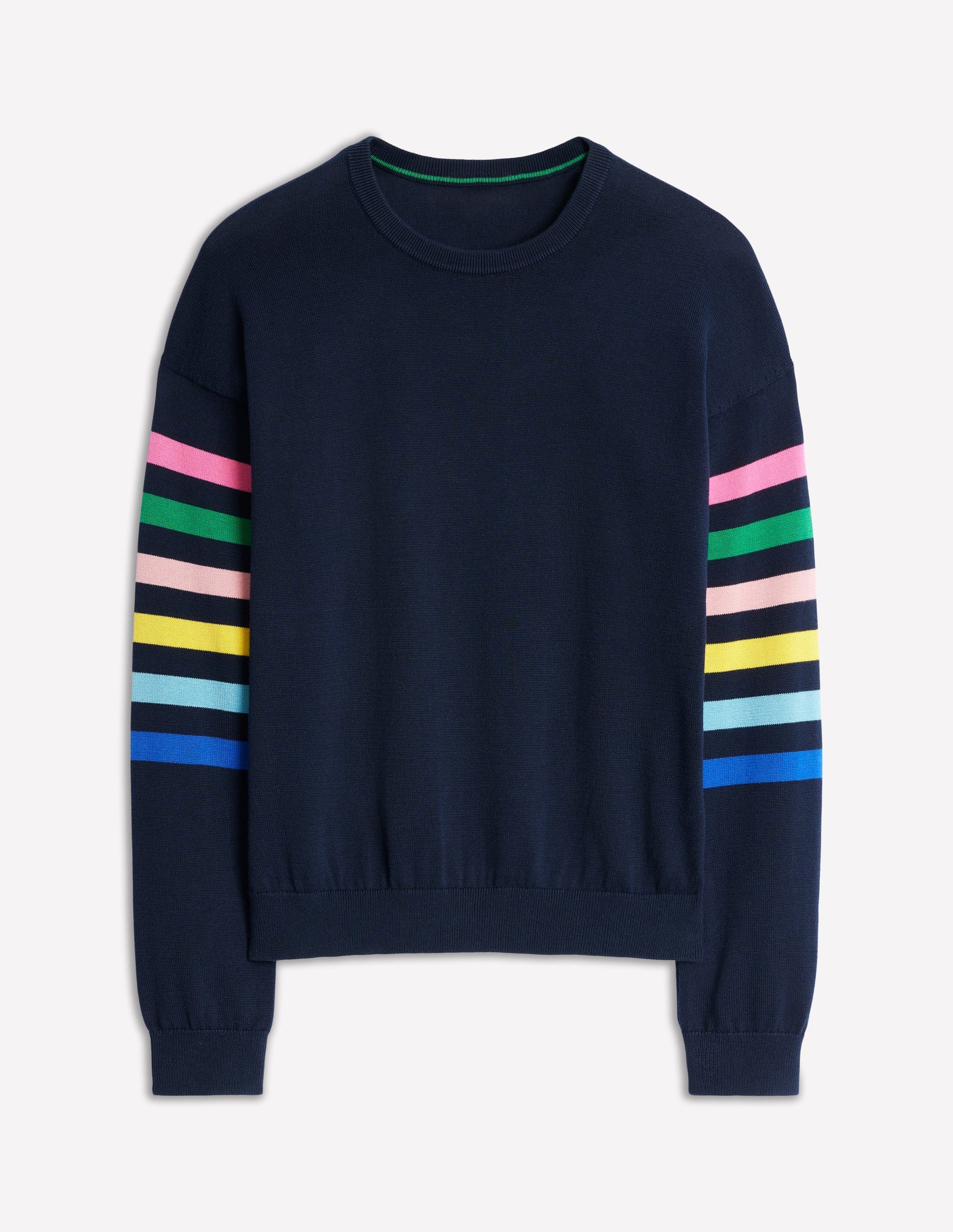 Lara Relaxed Cotton Jumper-Navy Rainbow Sleeve Stripe-6