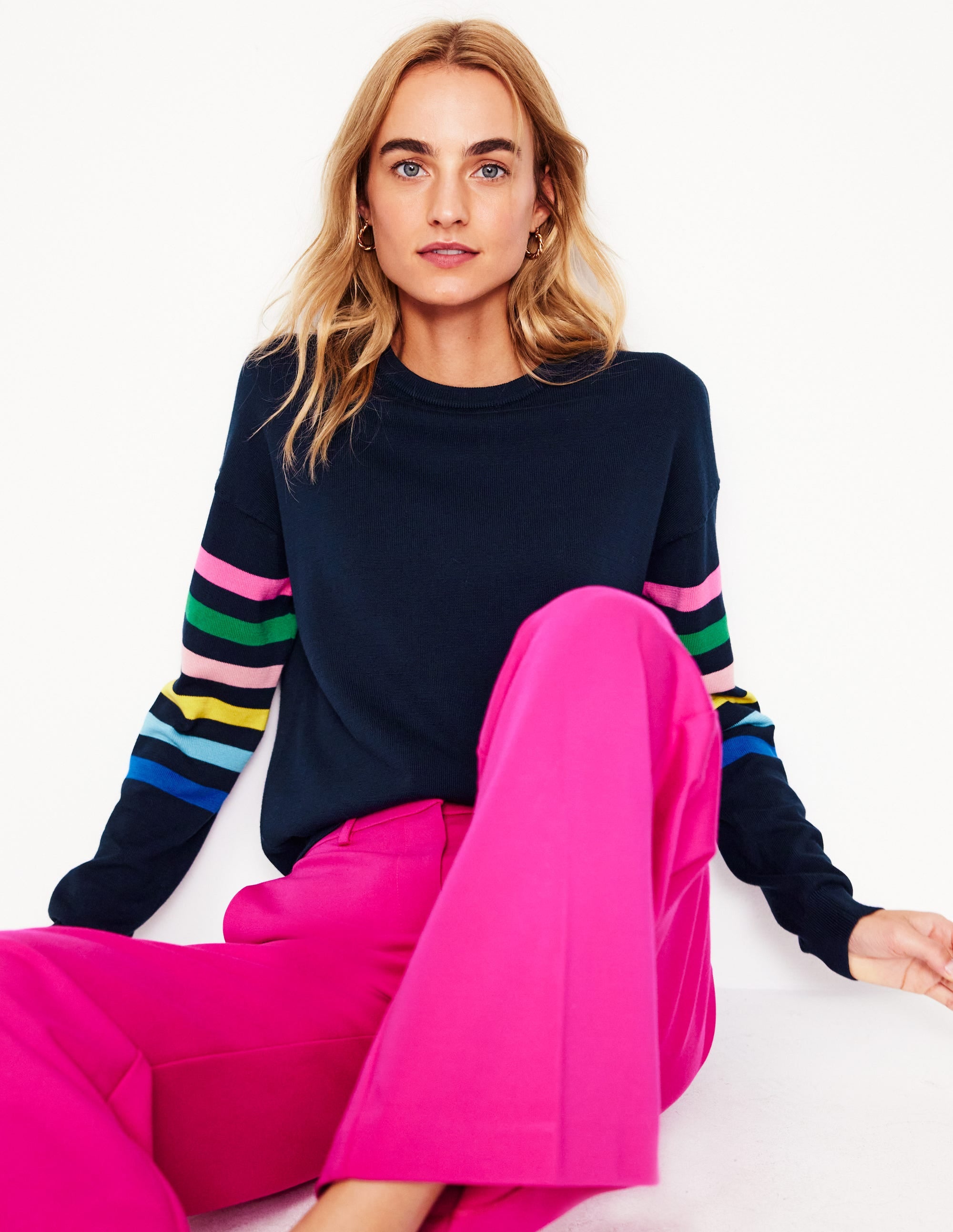 Lara Relaxed Cotton Jumper-Navy Rainbow Sleeve Stripe - Image 1