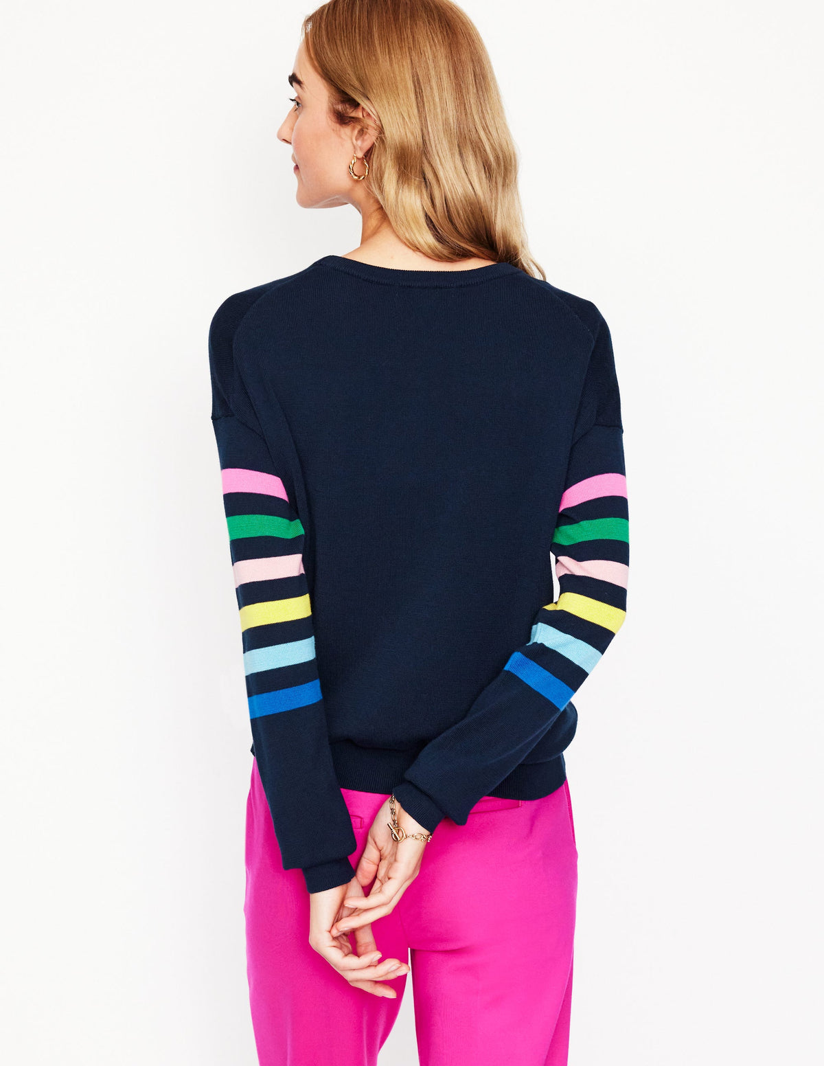 Lara Relaxed Cotton Jumper-Navy Rainbow Sleeve Stripe - Image 4
