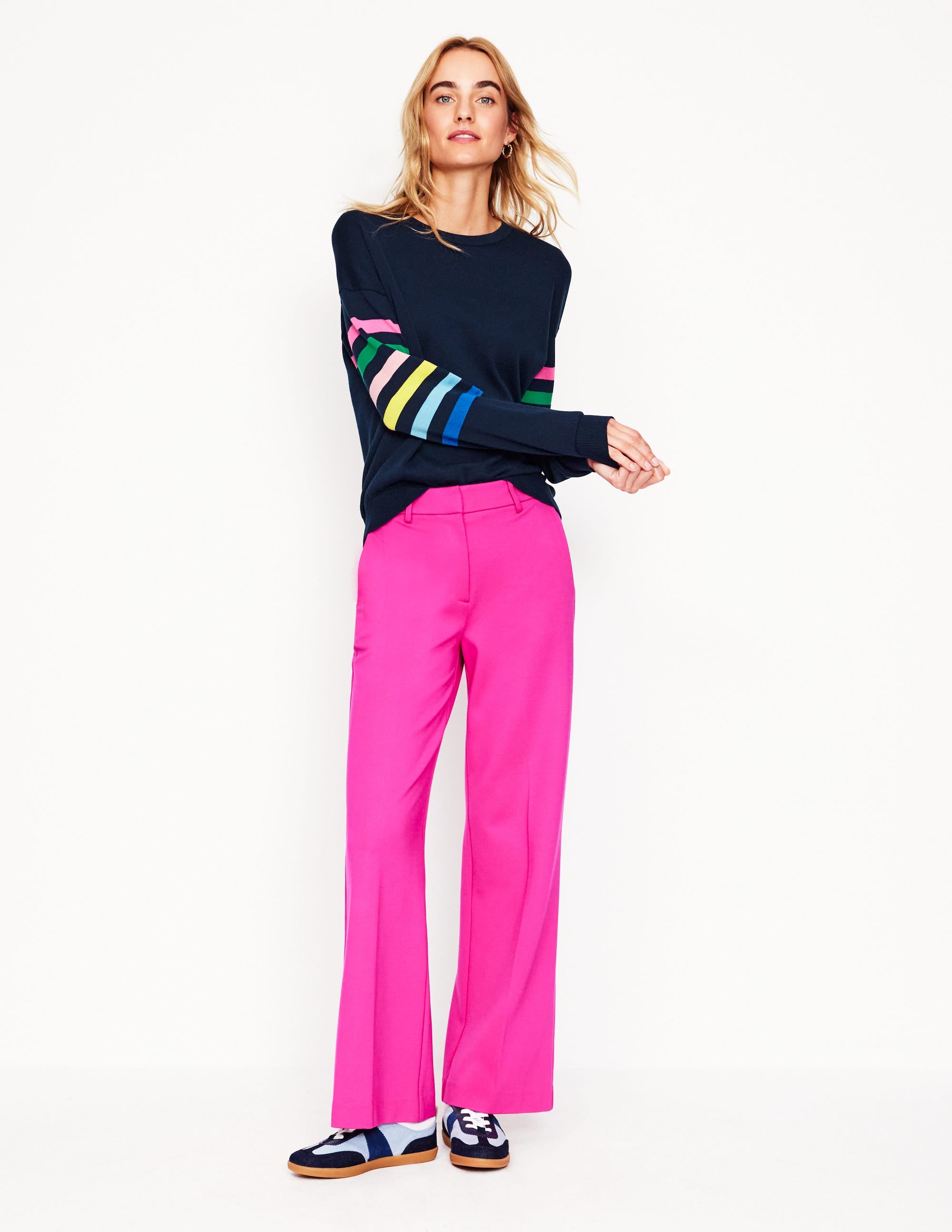 Lara Relaxed Cotton Jumper-Navy Rainbow Sleeve Stripe - Image 5