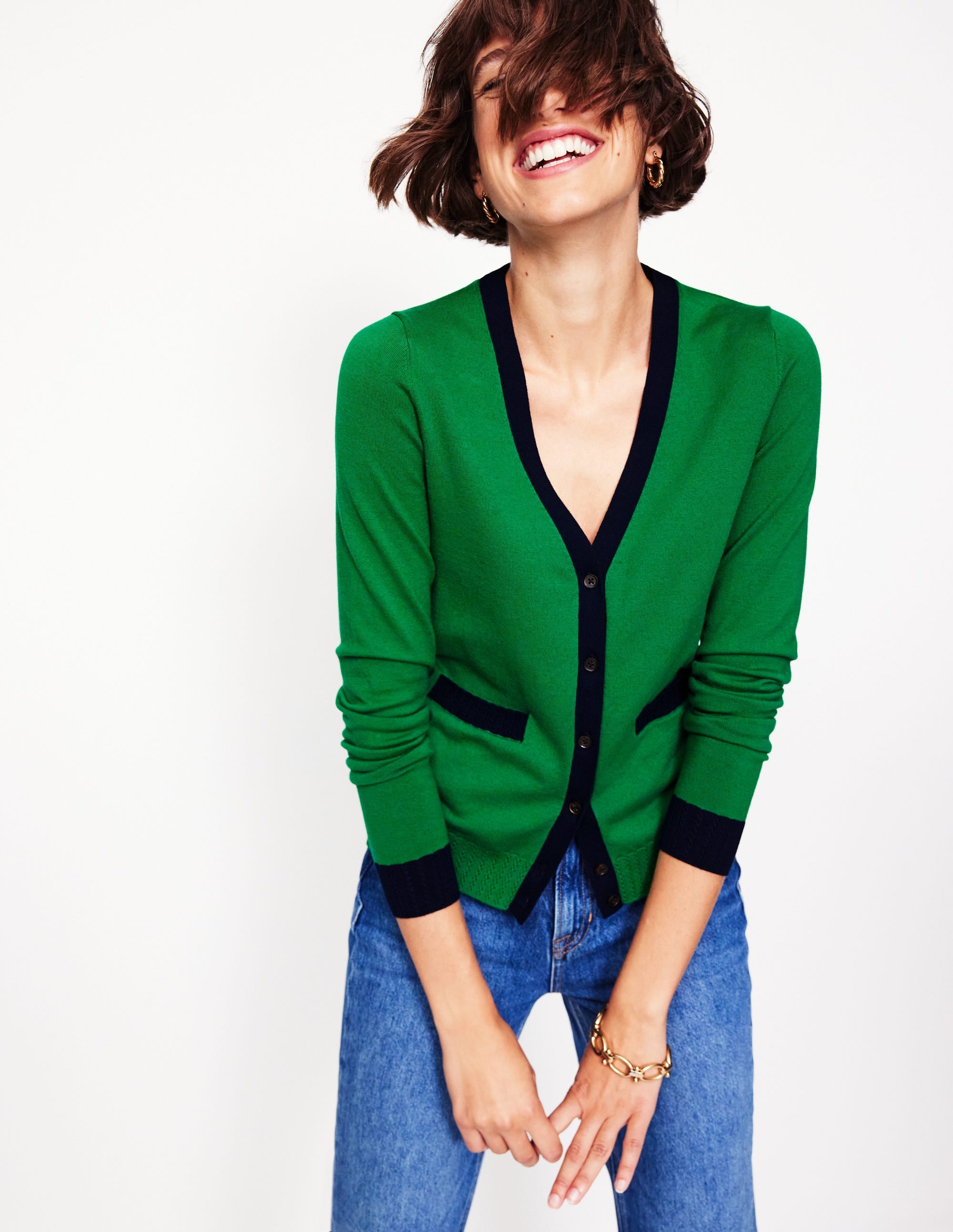 Emilia Cotton V Neck Cardigan-Rich Emerald/Navy - Image 1