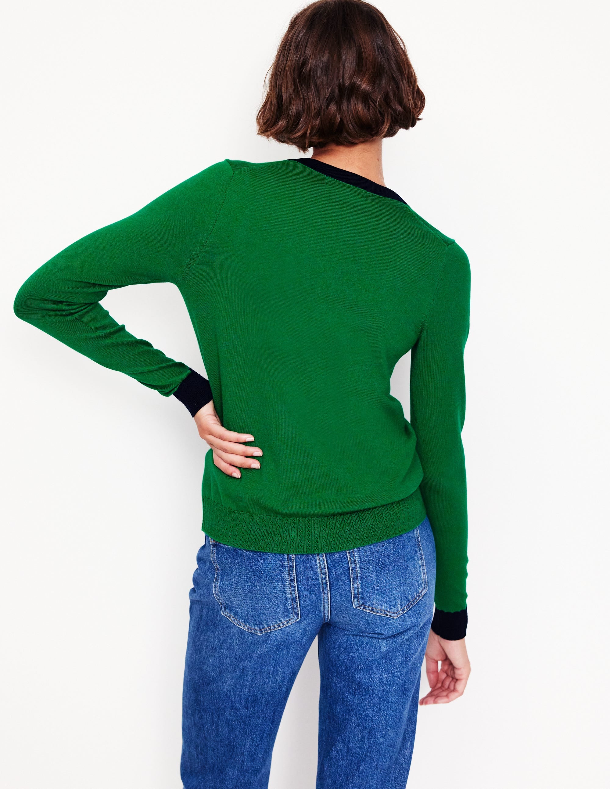 Emilia Cotton V Neck Cardigan-Rich Emerald/Navy - Image 3