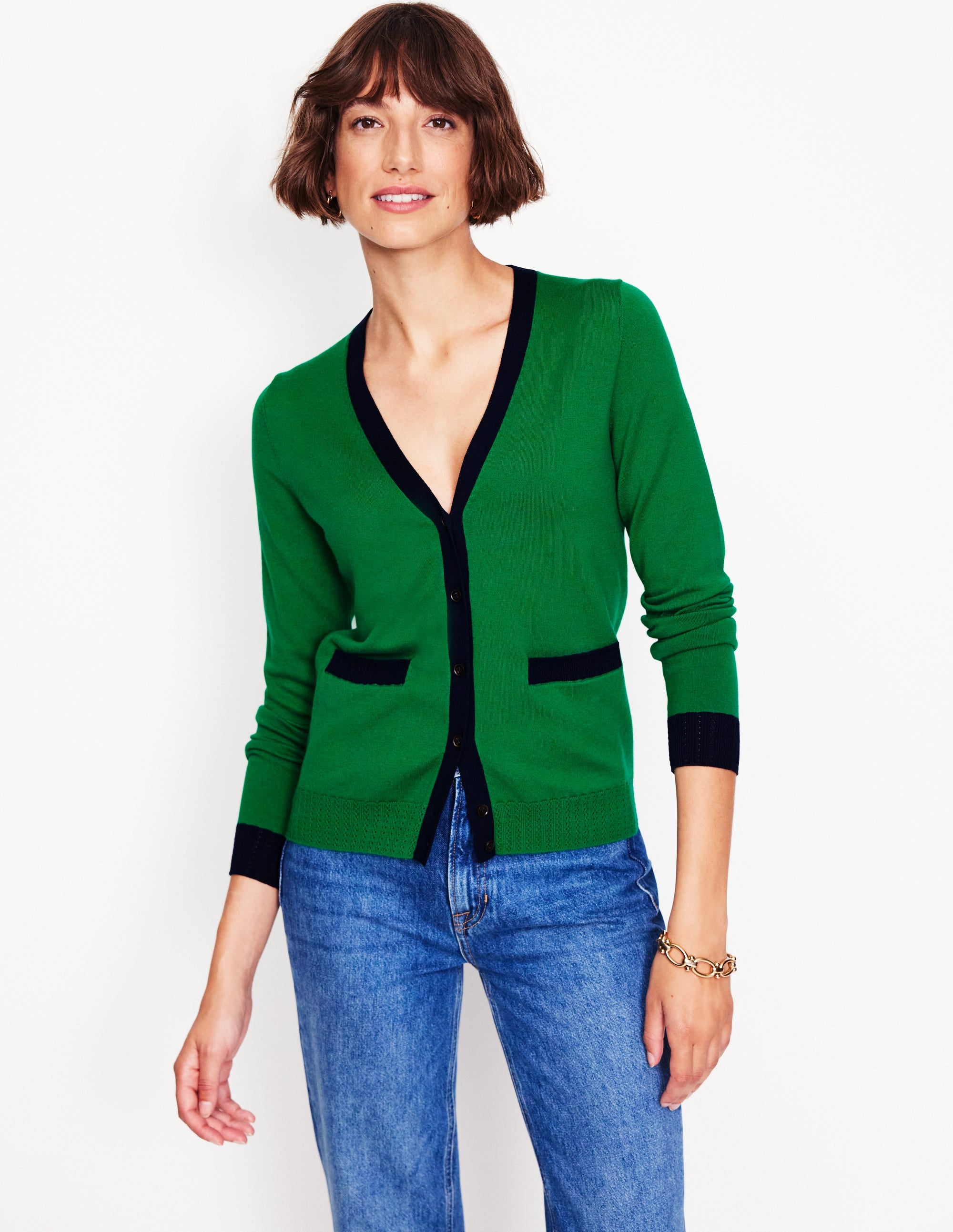 Emilia Cotton V Neck Cardigan-Rich Emerald/Navy - Image 4