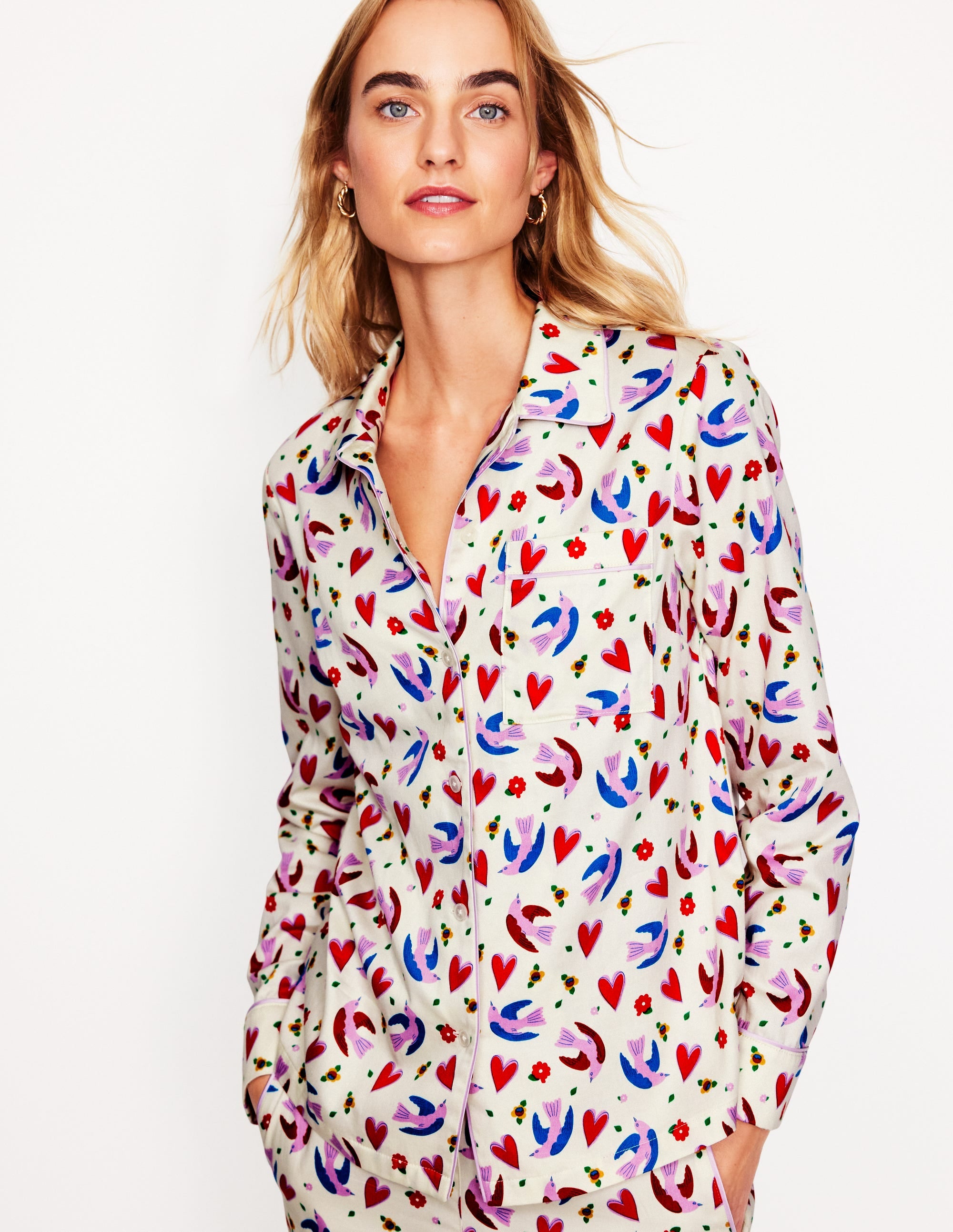 Cotton Sateen Pyjama Shirt-Ivory, Heart Flutter - Image 1