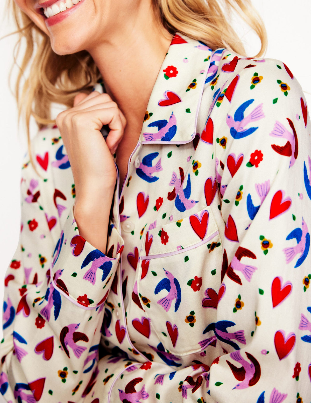 Cotton Sateen Pyjama Shirt-Ivory, Heart Flutter - Image 2