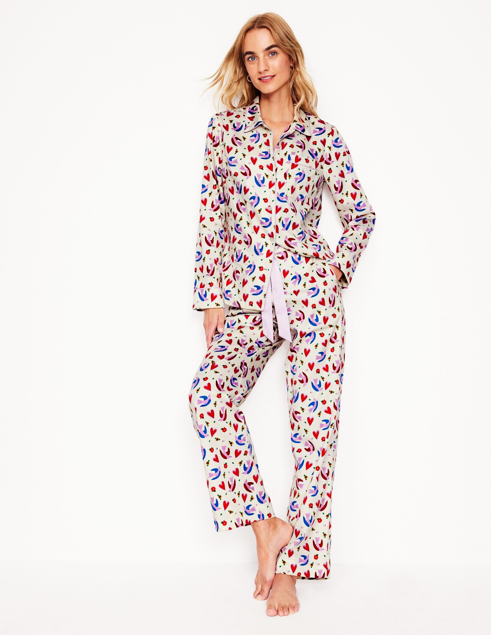 Cotton Sateen Pyjama Trousers-Ivory, Heart Flutter - Image 1