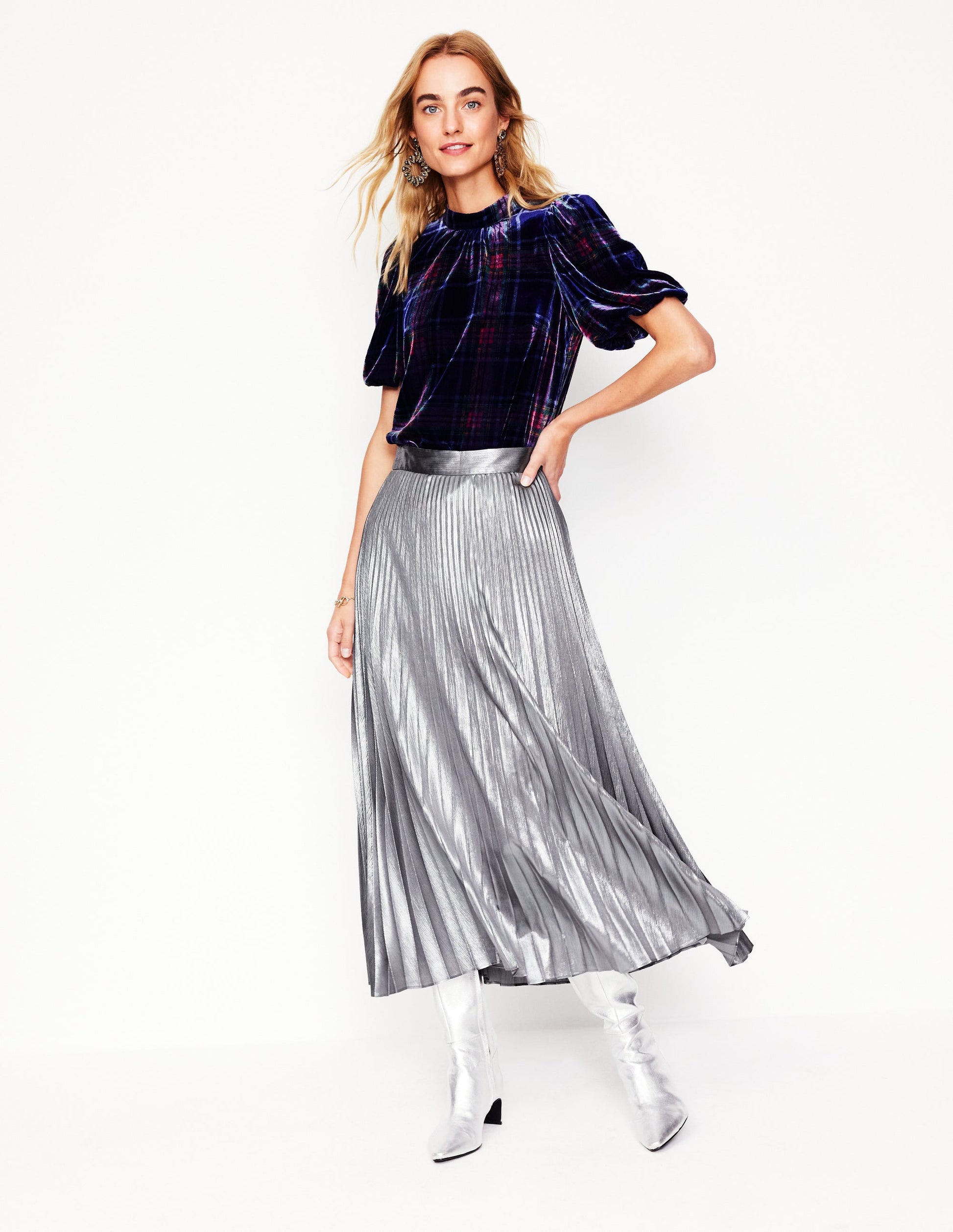 Camilla Metallic Midi Skirt-Silver Boden AU