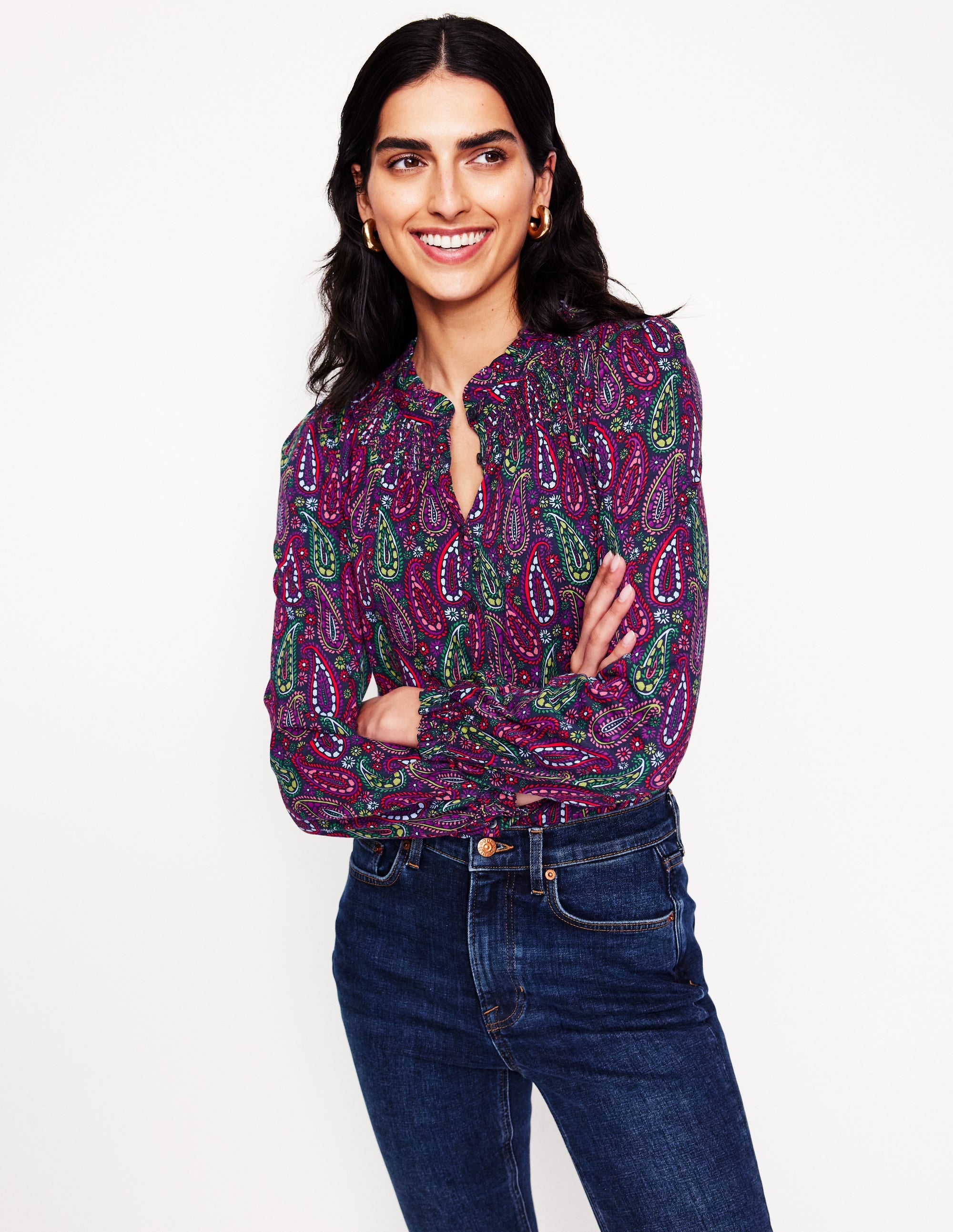 Fay Smocked Jersey Shirt-Multi, Illustrated Paisley - Image 1