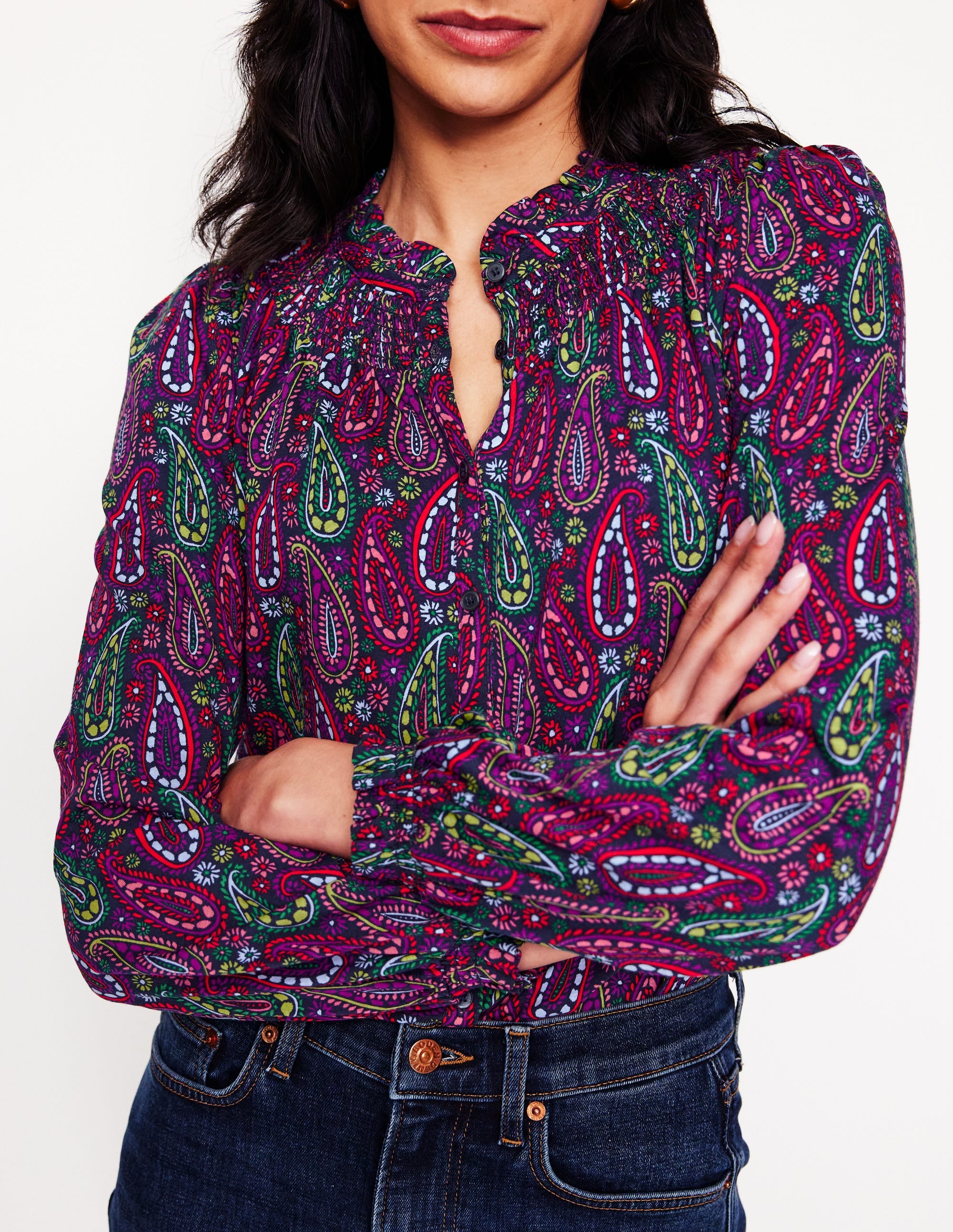 Fay Smocked Jersey Shirt-Multi, Illustrated Paisley - Image 2