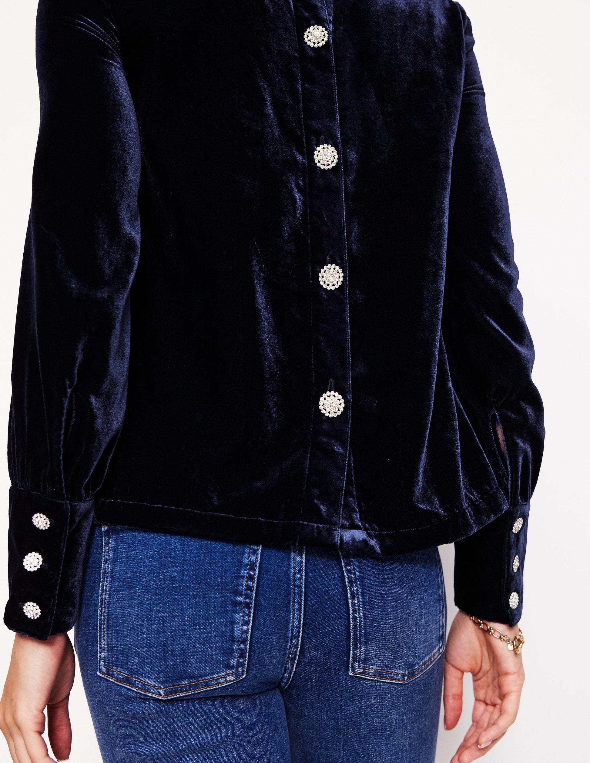 Button Back Velvet Top-Navy-2