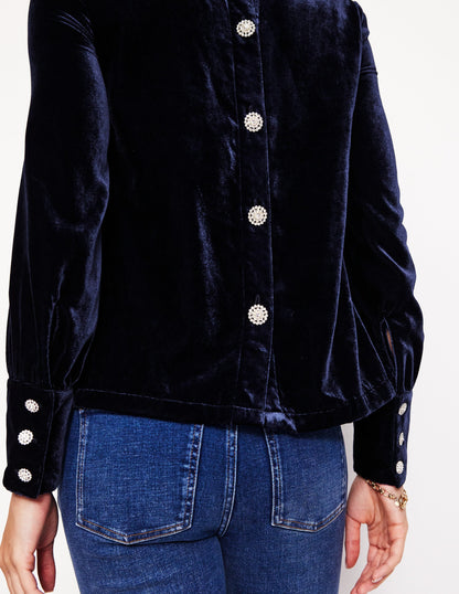 Button Back Velvet Top-Navy-2