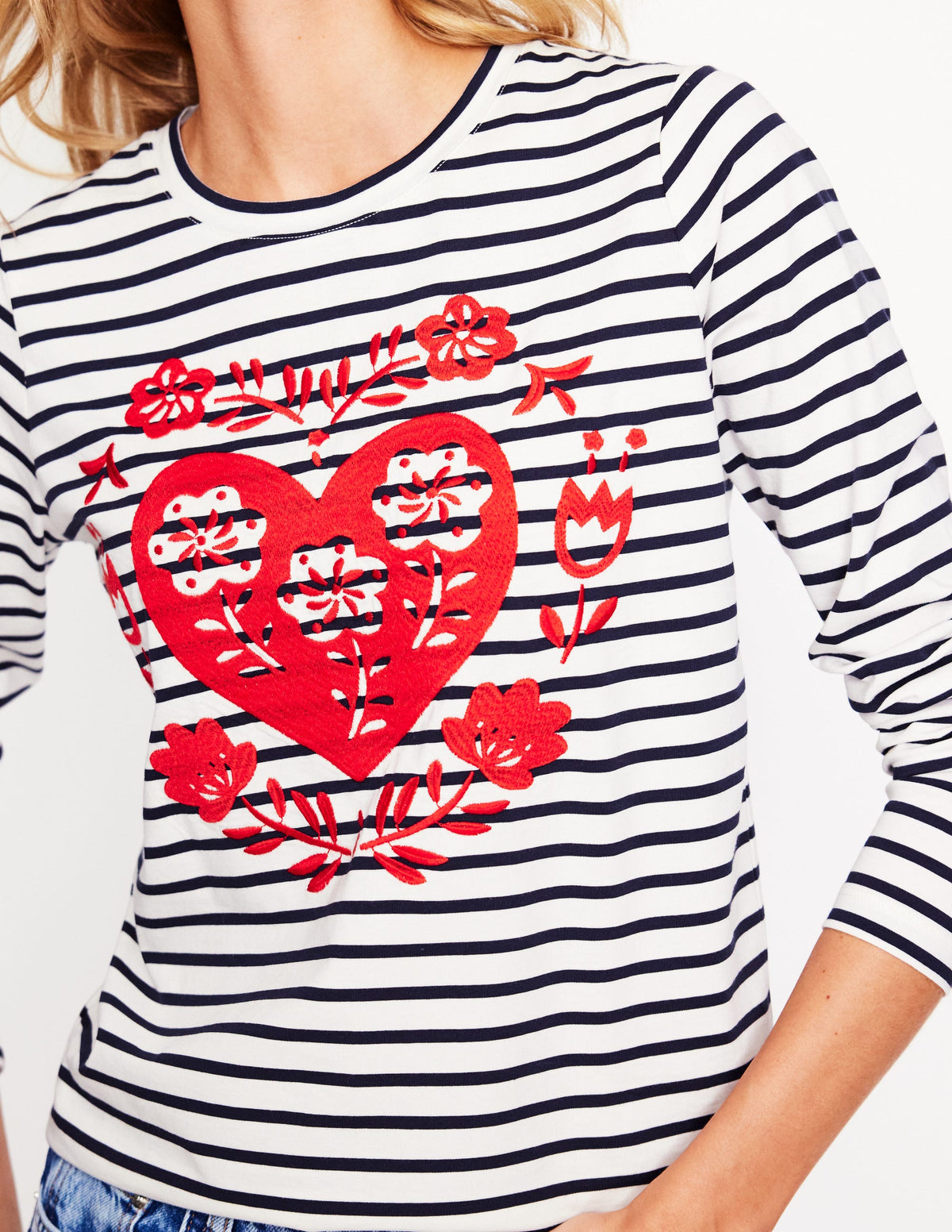 Novelty Long Sleeve Jersey Top-Ivory, Navy Heart - Image 2