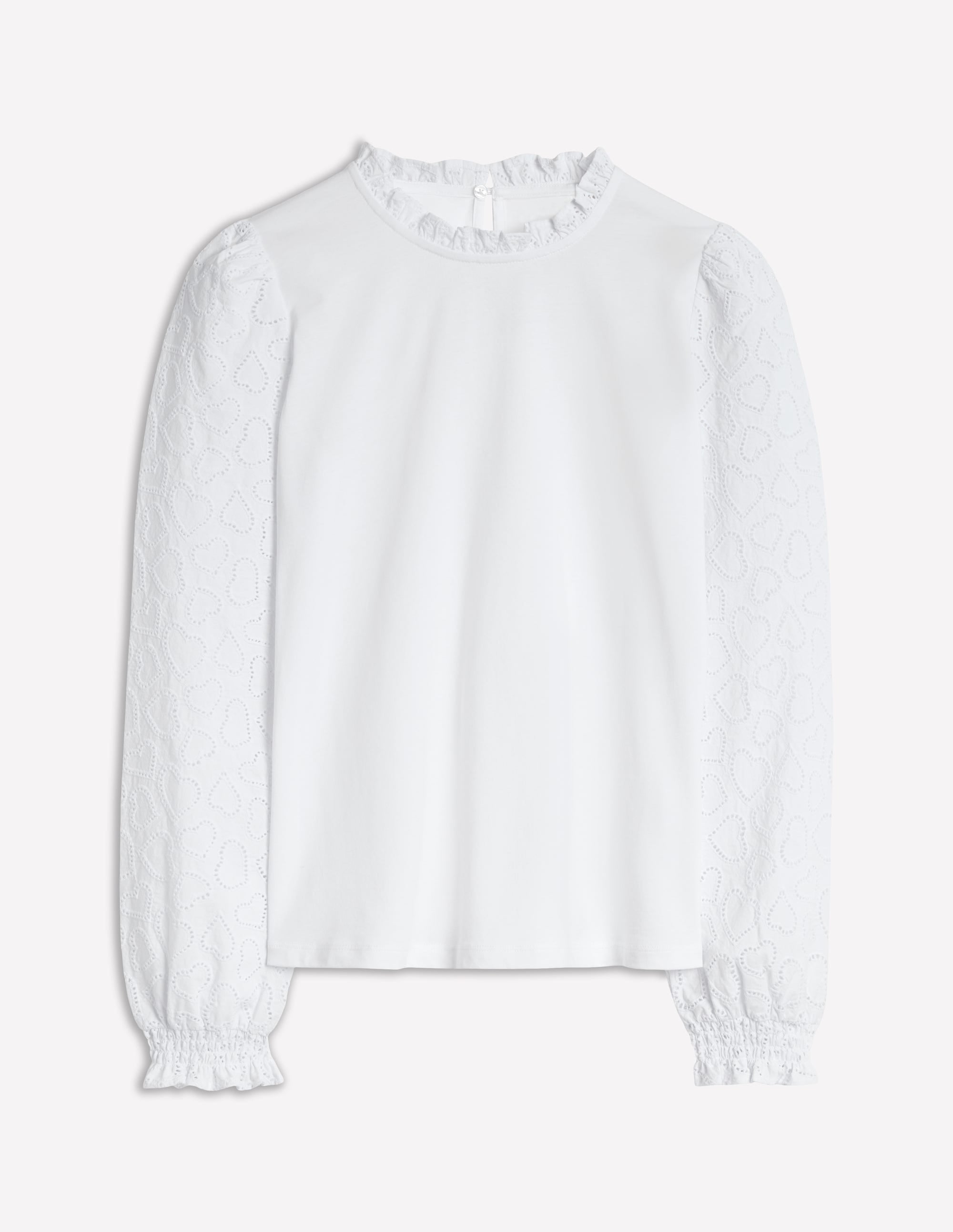 Broderie Sleeve Frill Neck Top-White - Image 5